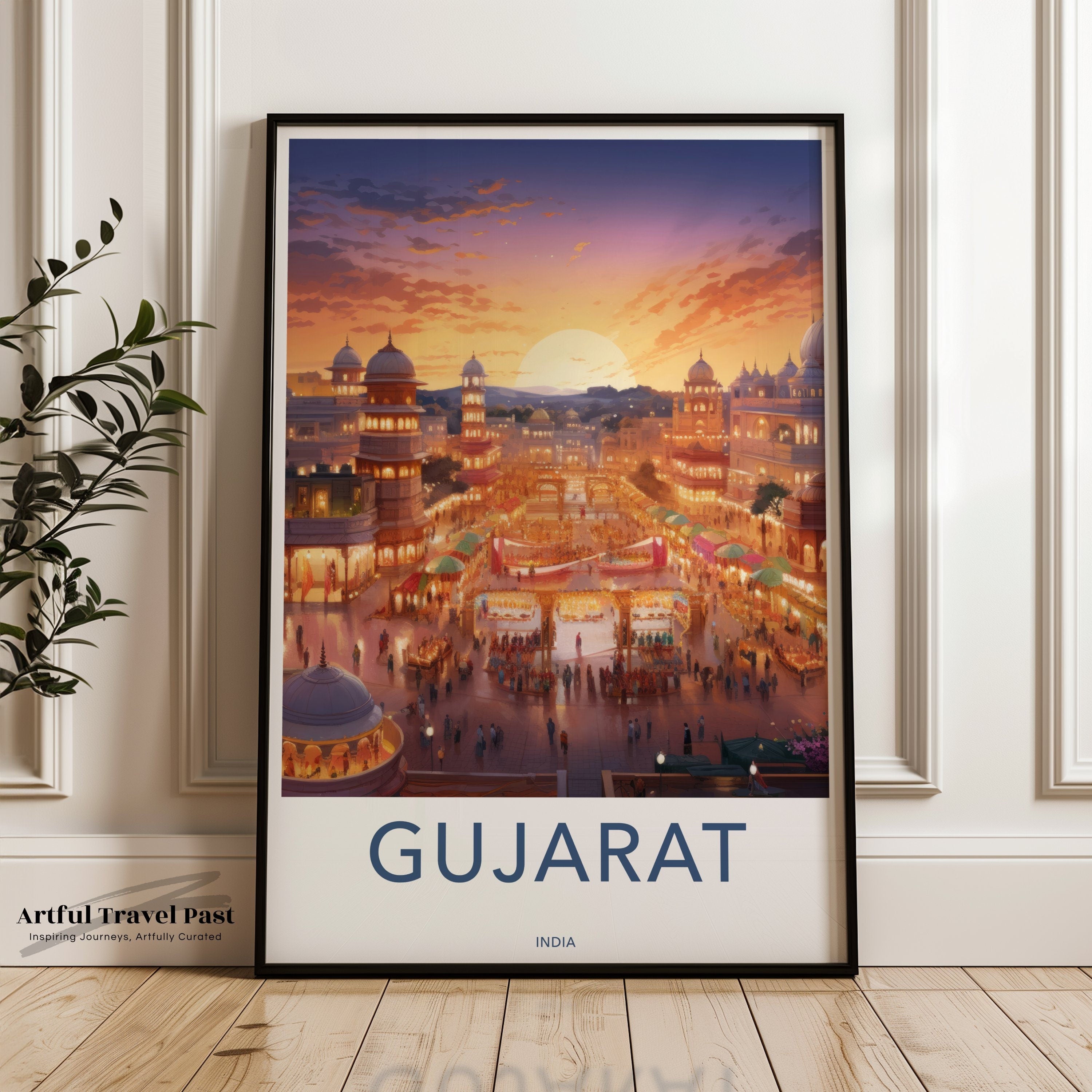 Vibrant Gujarat Framed Poster, Sunset Over Gujarat Cityscape Wall Art, Indian Market Scene, Historical and Cultural Decor