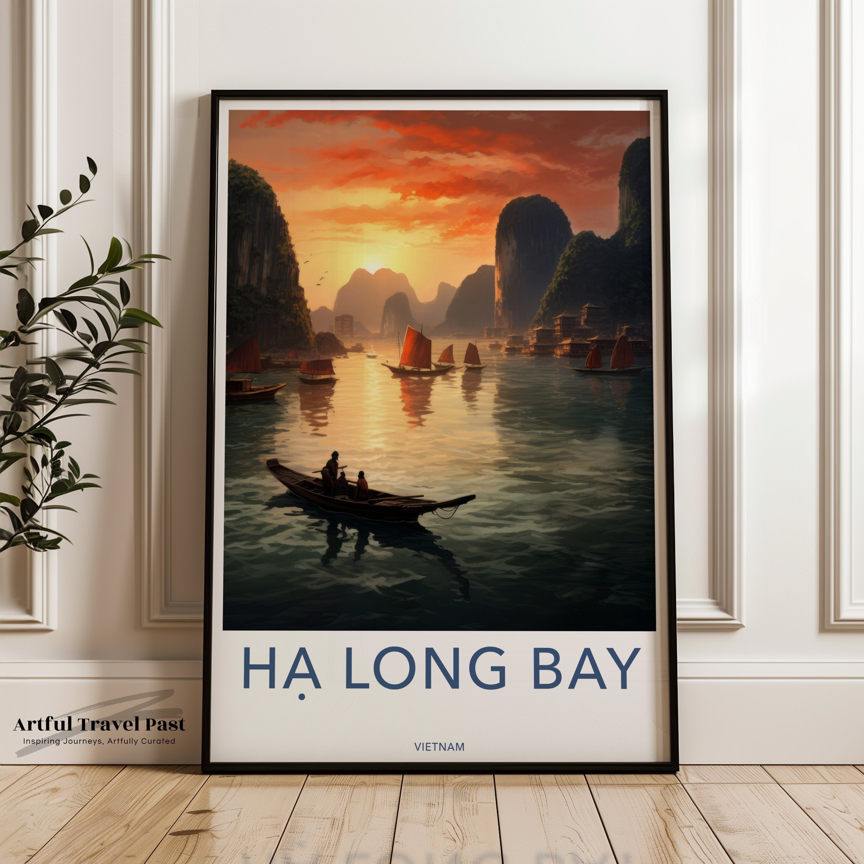 Ha Long Bay Framed Poster, Sunset Over Ha Long Bay Wall Art, Vietnamese Landscape Print, Scenic Coastal Decor, Room Aesthetic