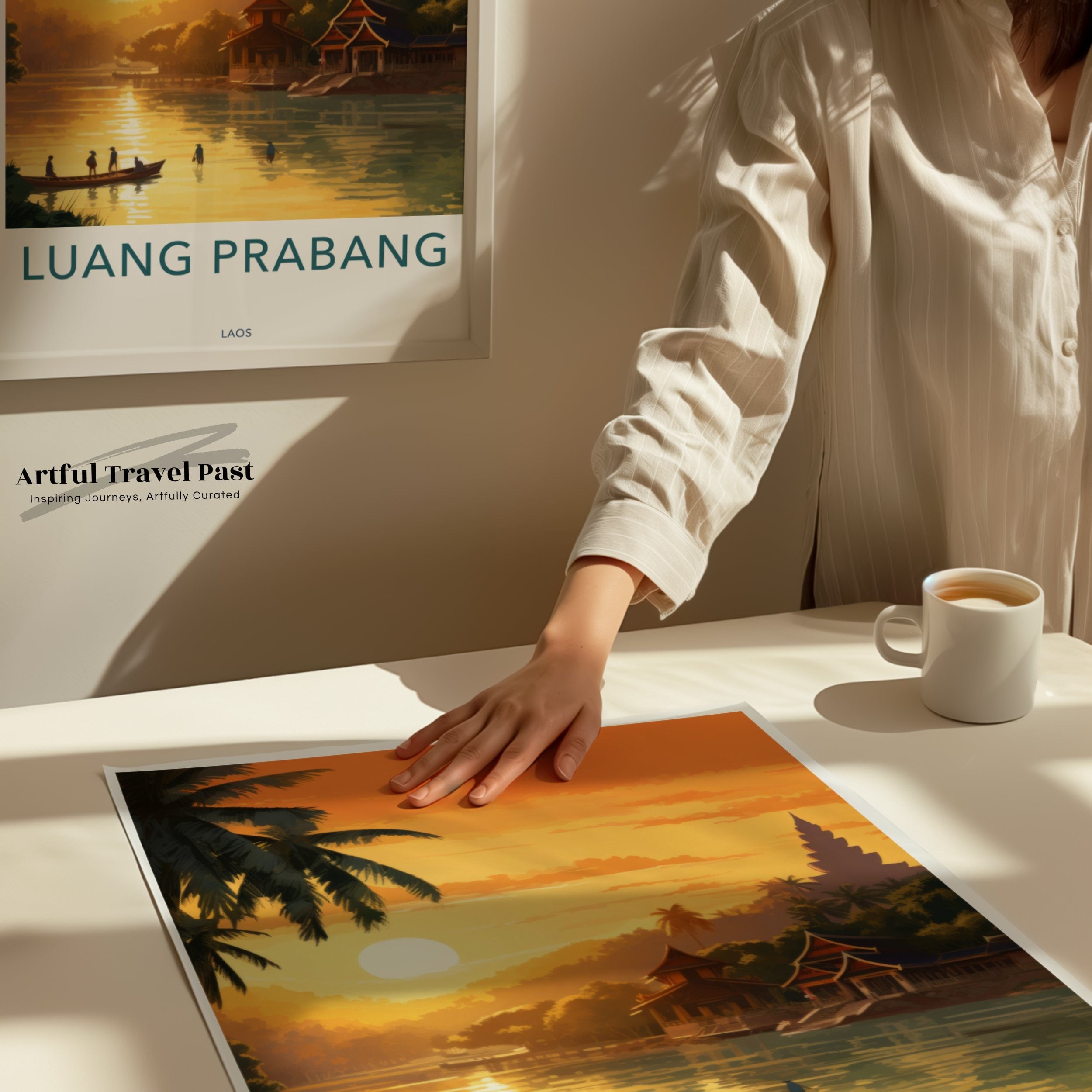 Luang Prabang Wall Art, Sunset River View, Southeast Asia Print, Cultural Landmark Decor, Vintage Travel Poster, Historical City Scene