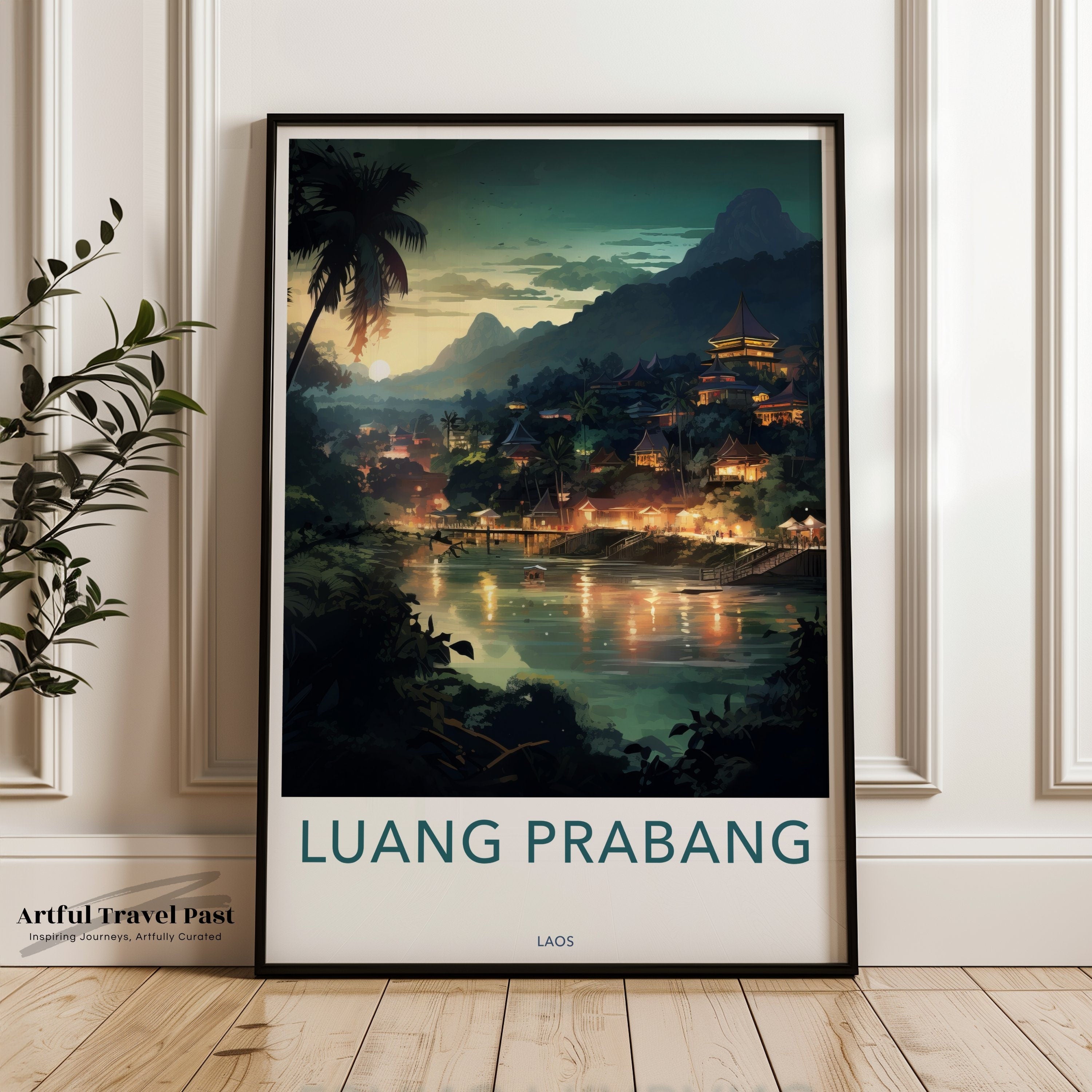 Luang Prabang Wall Art, Scenic Laos Landscape, Nighttime River View, Illuminated Temples, Cultural Heritage Decor