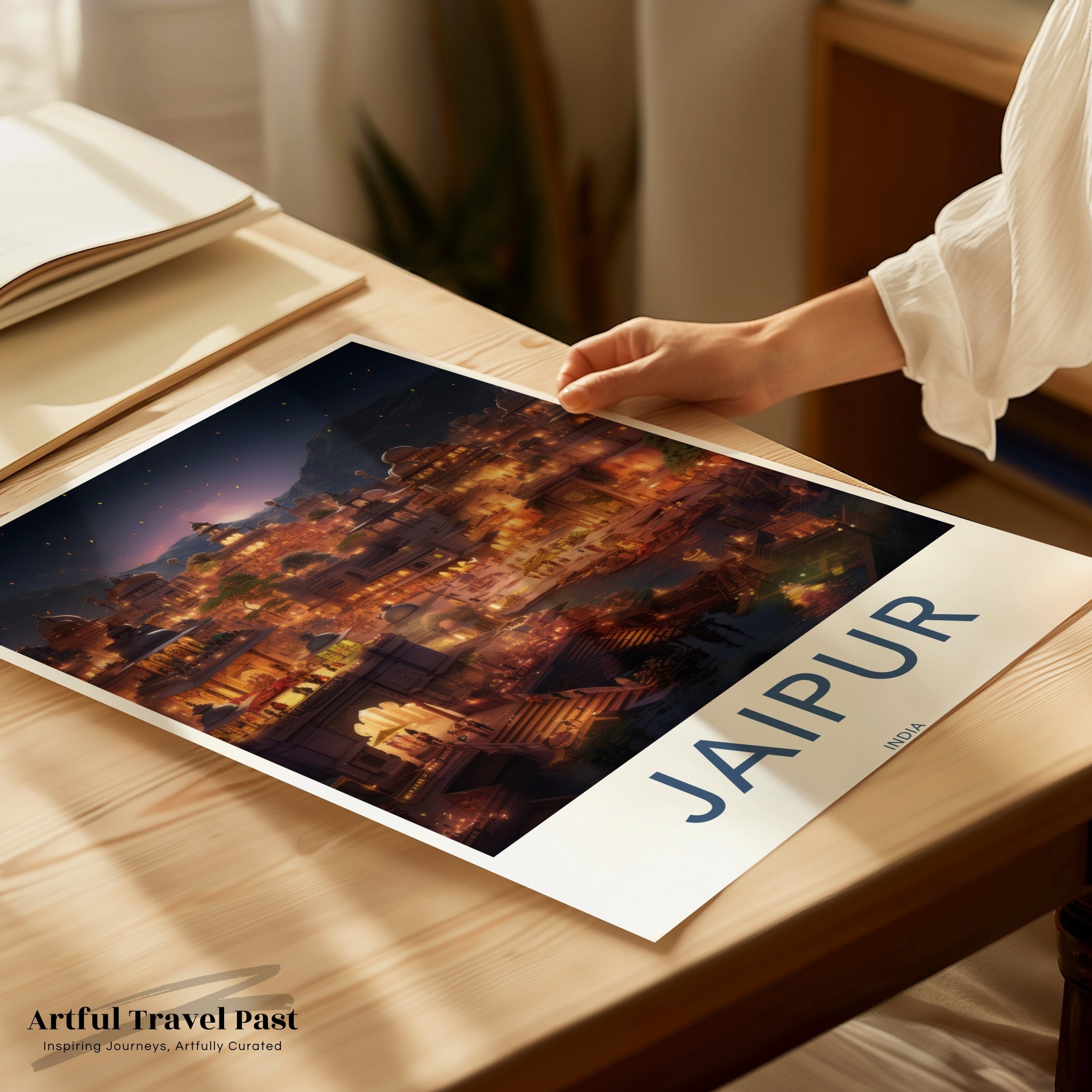 Jaipur Cityscape Framed Poster, Historical and Cultural Wall Art, Illuminated Night View Decor, Perfect Gift for Home or Office