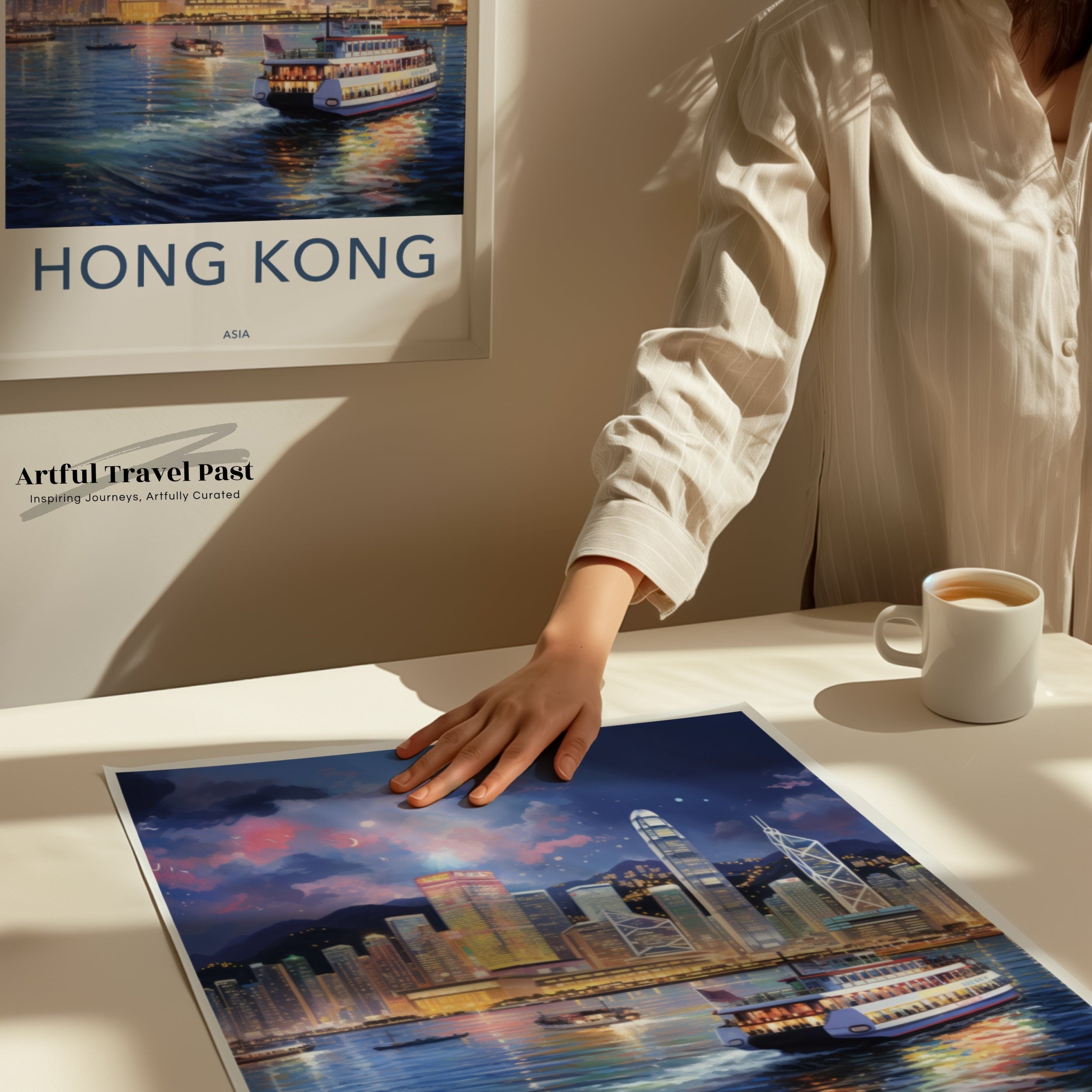 Hong Kong Framed Poster, Stunning Cityscape Wall Art, Skyline Decor, Illuminated Night Scene, High-Rise Buildings, Harbor View