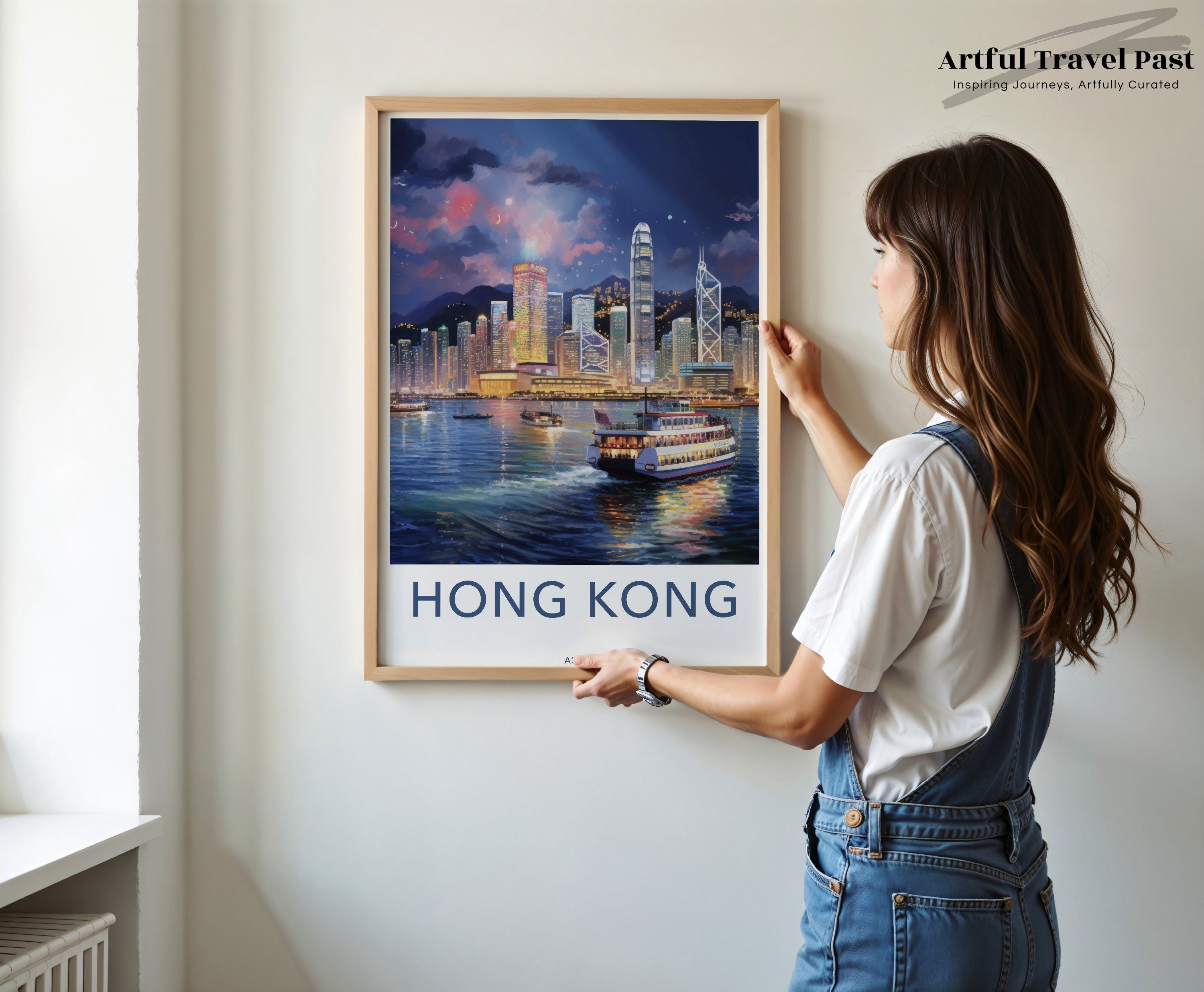 Hong Kong Framed Poster, Stunning Cityscape Wall Art, Skyline Decor, Illuminated Night Scene, High-Rise Buildings, Harbor View