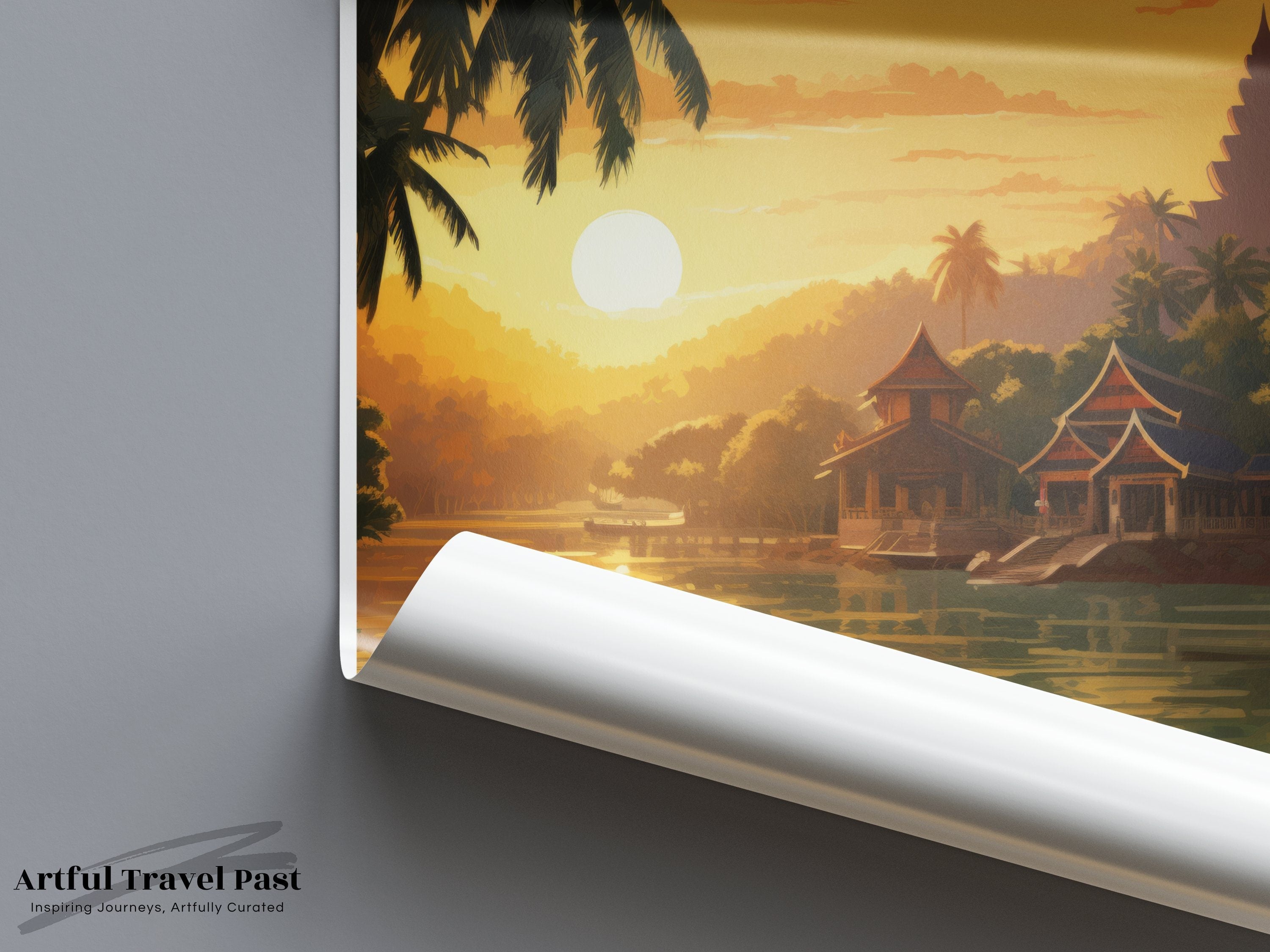 Luang Prabang Wall Art, Sunset River View, Southeast Asia Print, Cultural Landmark Decor, Vintage Travel Poster, Historical City Scene