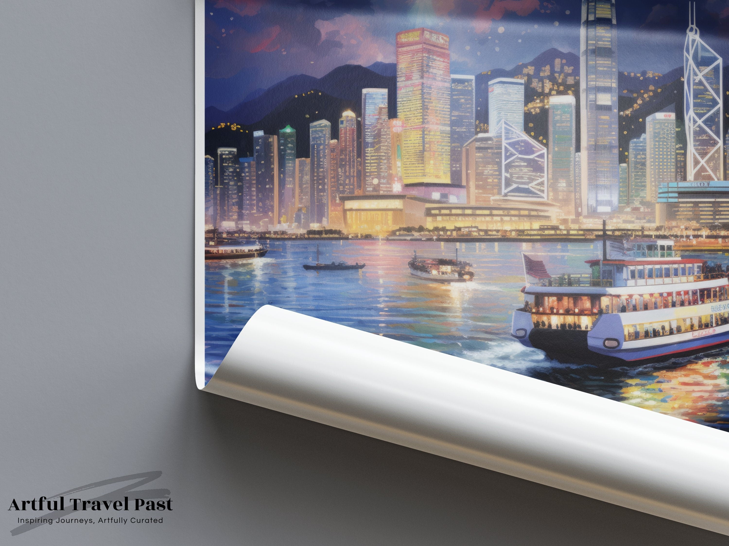 Hong Kong Framed Poster, Stunning Cityscape Wall Art, Skyline Decor, Illuminated Night Scene, High-Rise Buildings, Harbor View