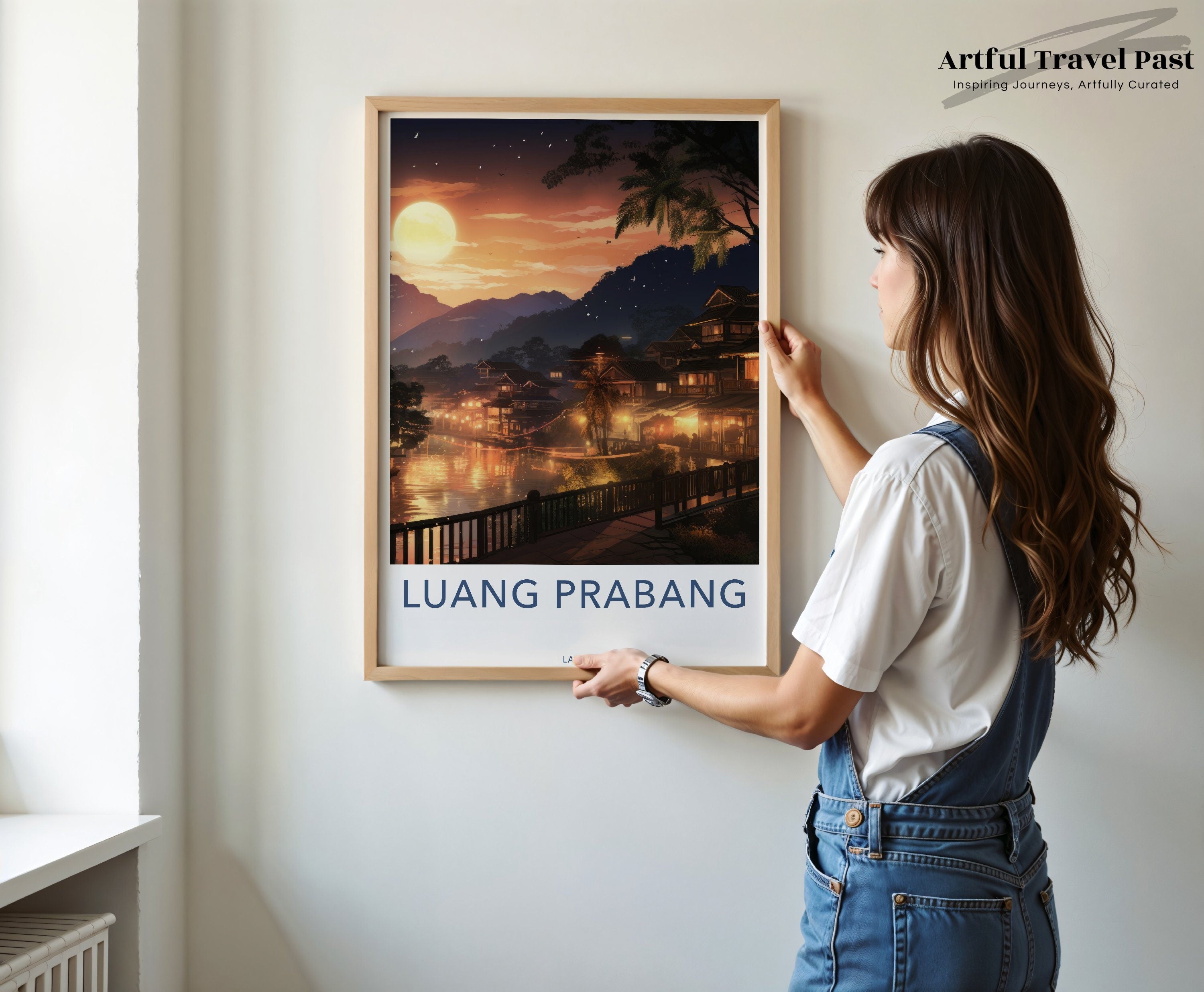 Luang Prabang Wall Art, Sunset Over Cultural Heritage, Scenic Landscape Poster, Lao Architectural Wonders, Tranquil River View