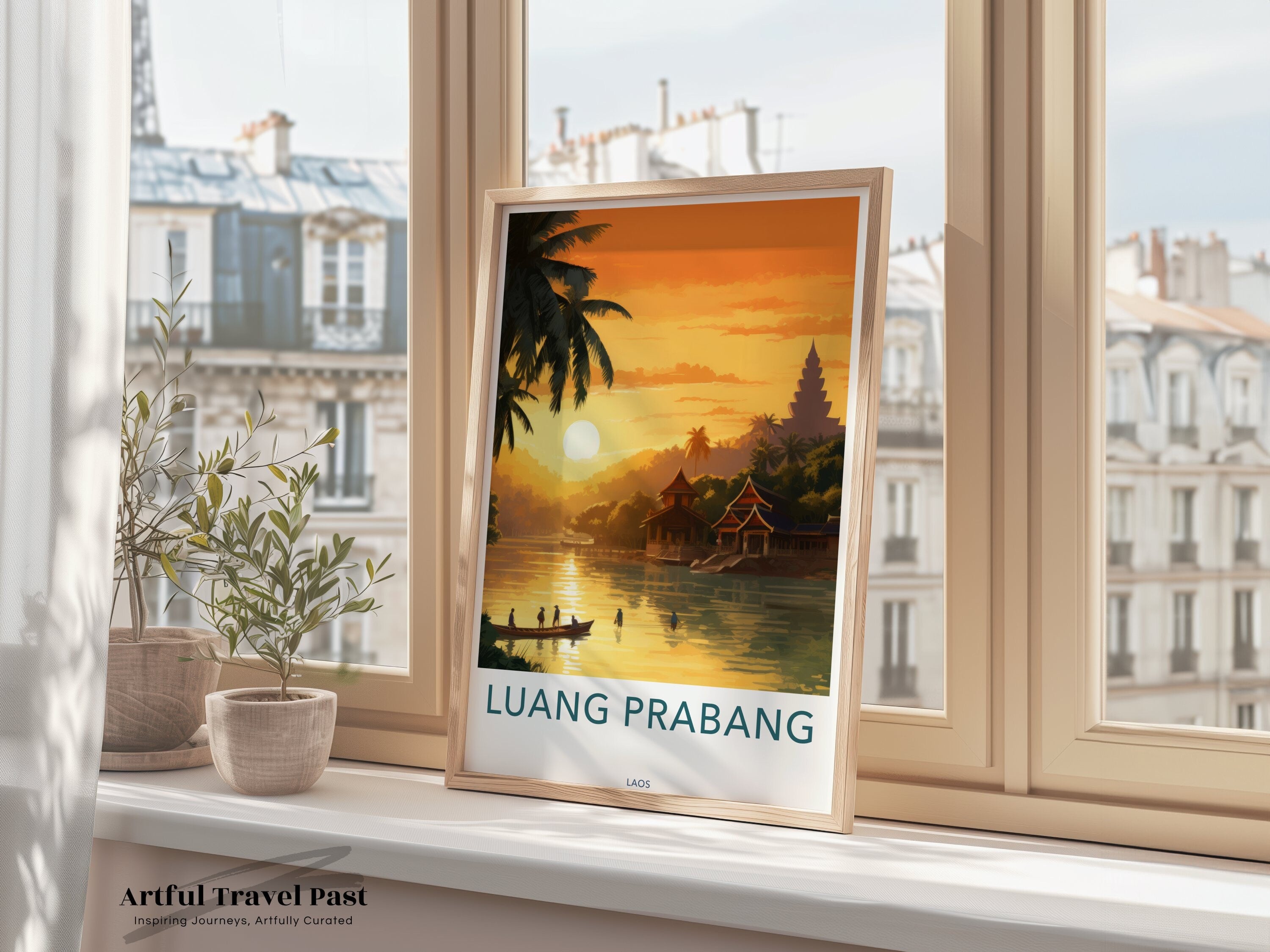 Luang Prabang Wall Art, Sunset River View, Southeast Asia Print, Cultural Landmark Decor, Vintage Travel Poster, Historical City Scene