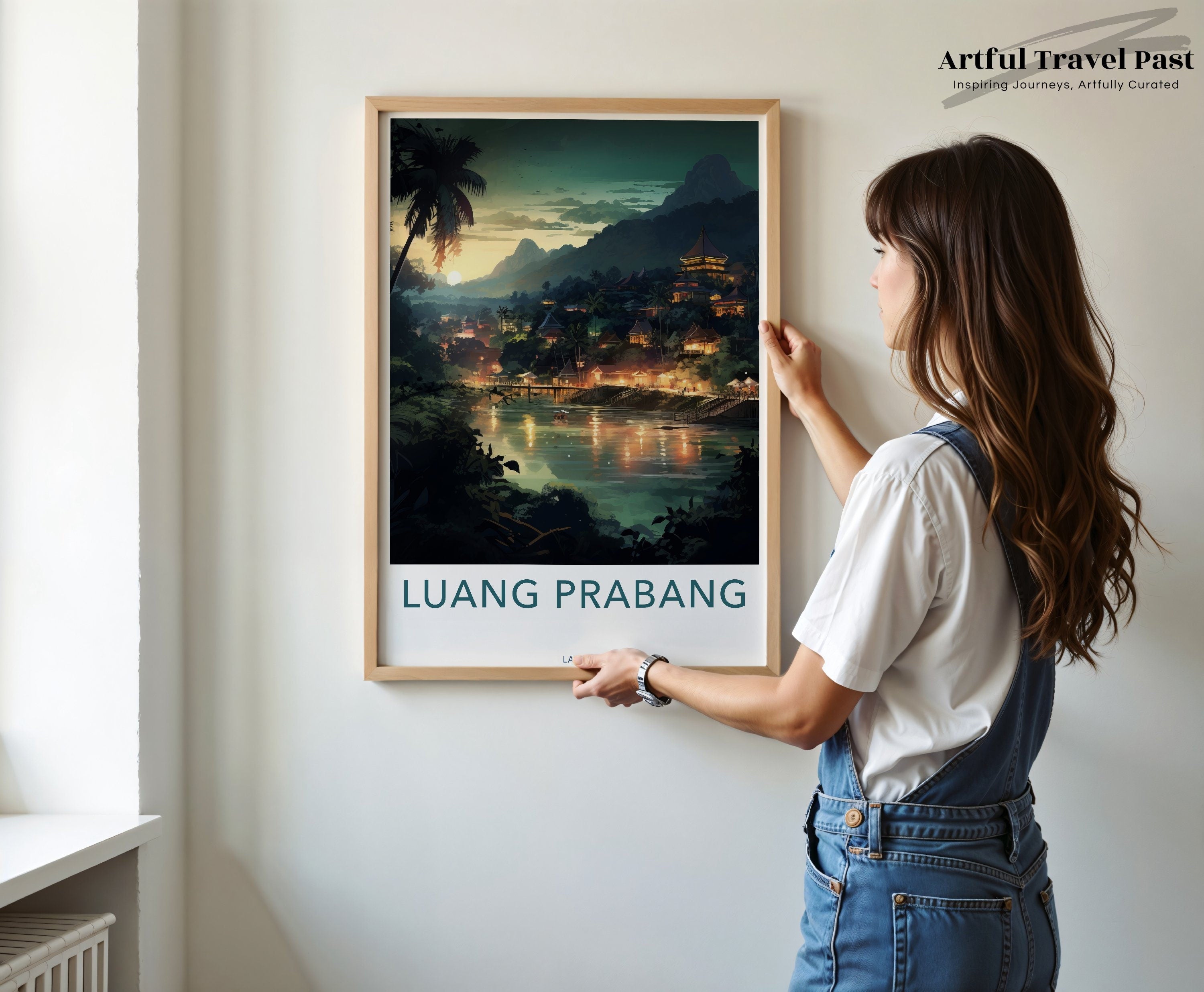 Luang Prabang Wall Art, Scenic Laos Landscape, Nighttime River View, Illuminated Temples, Cultural Heritage Decor