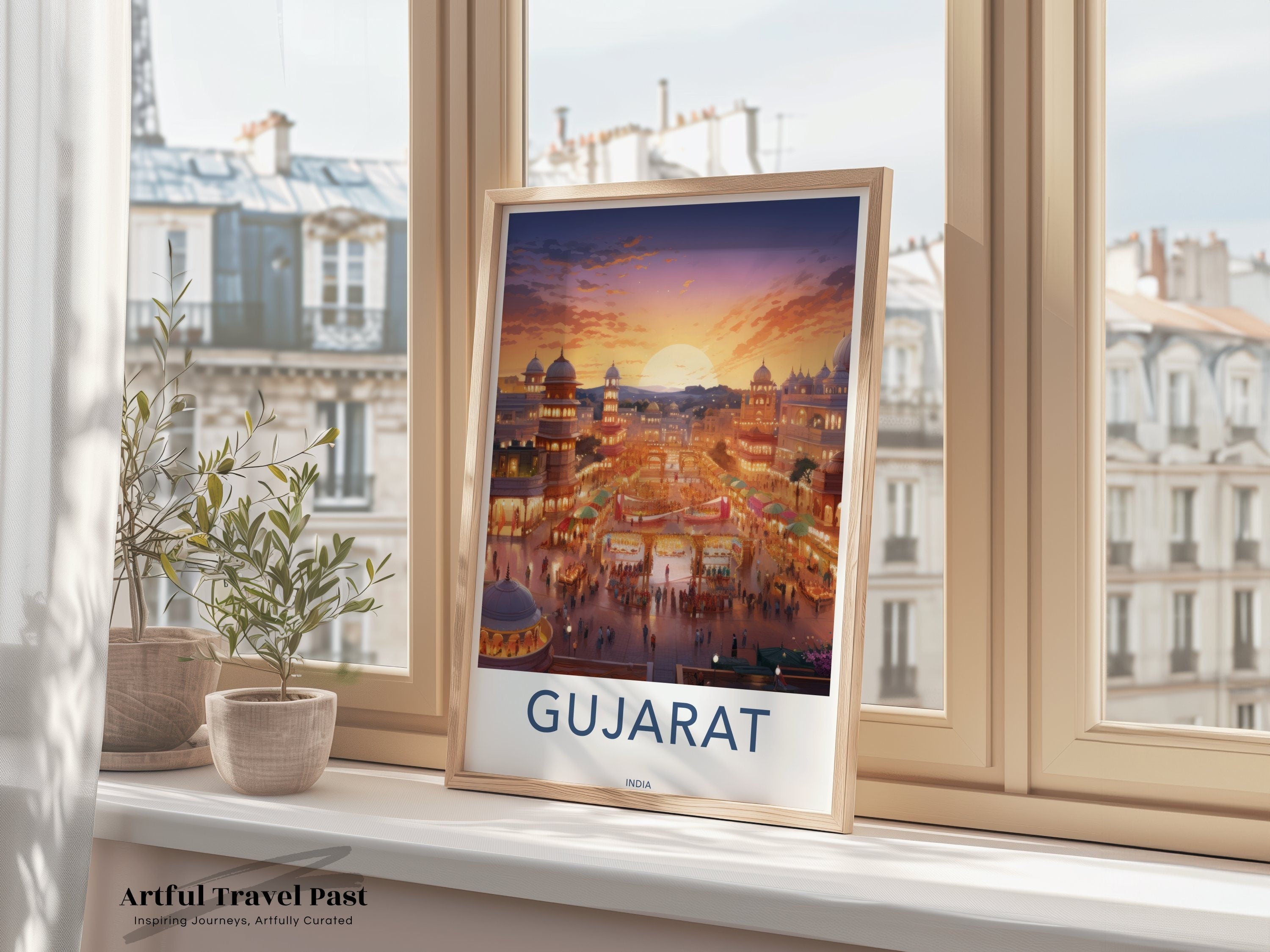 Vibrant Gujarat Framed Poster, Sunset Over Gujarat Cityscape Wall Art, Indian Market Scene, Historical and Cultural Decor