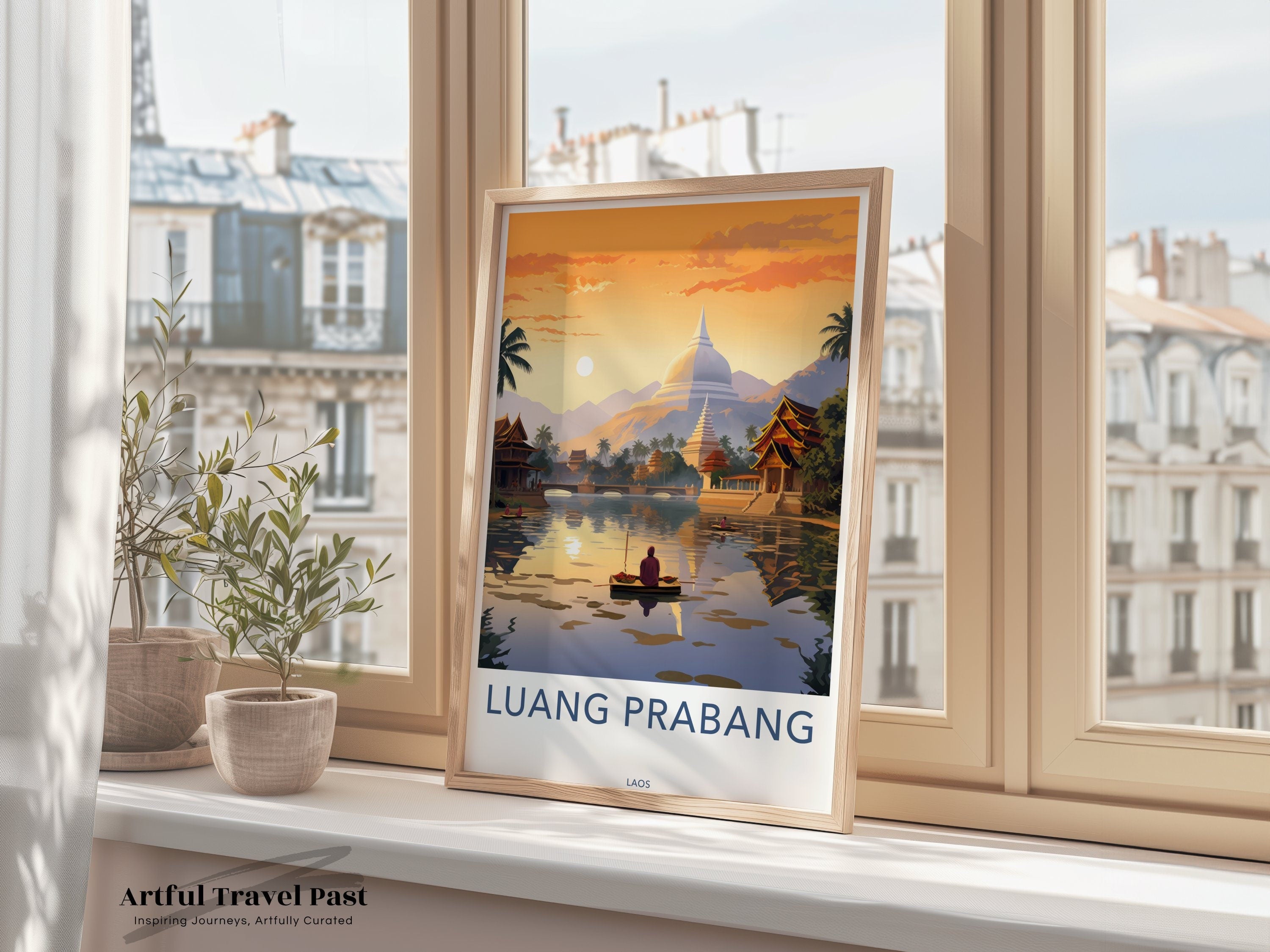 Luang Prabang Laos Wall Art, Sunset Scenery, Cultural Landmark Print, Tranquil River View, Southeast Asia Travel Decor