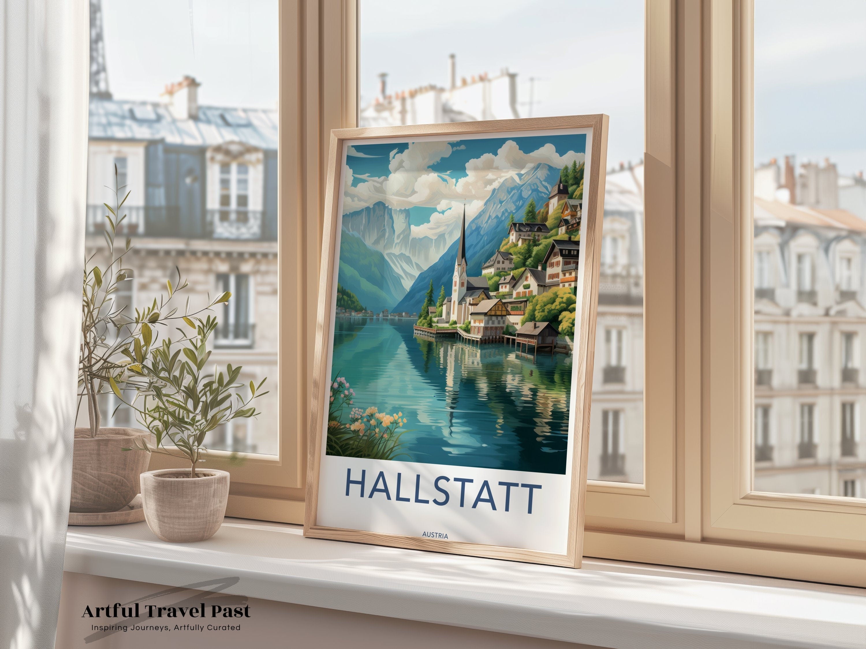 Hallstatt Framed Poster, Charming Alpine Village Art Print, Mountain Lake Home Decor, Austria Travel Scenic View, Historic European Town