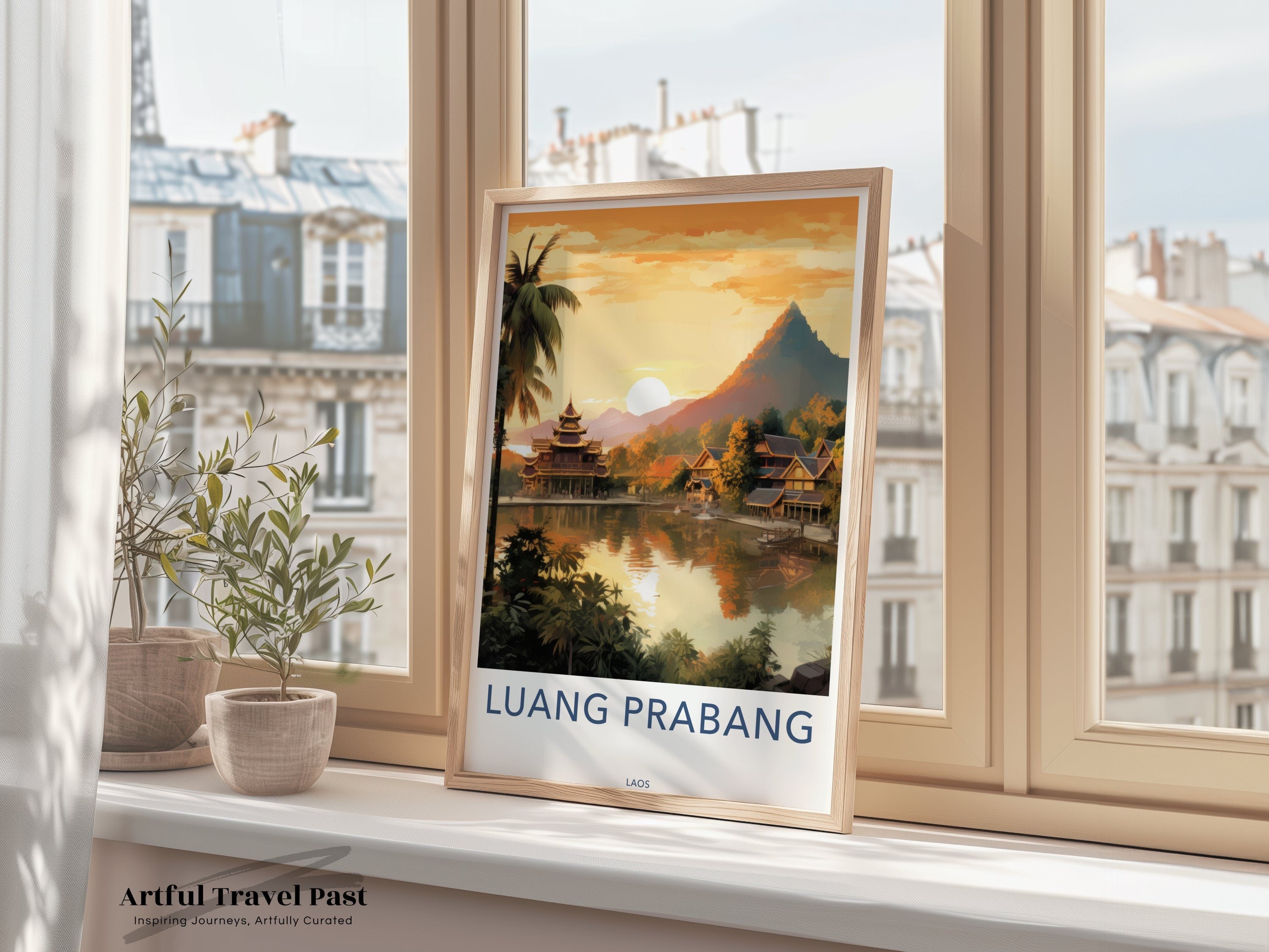 Luang Prabang Wall Art Print, Laos Travel Poster, Vintage Travel Decor, Southeast Asia Artwork, Scenic Sunset Illustration, Cultural