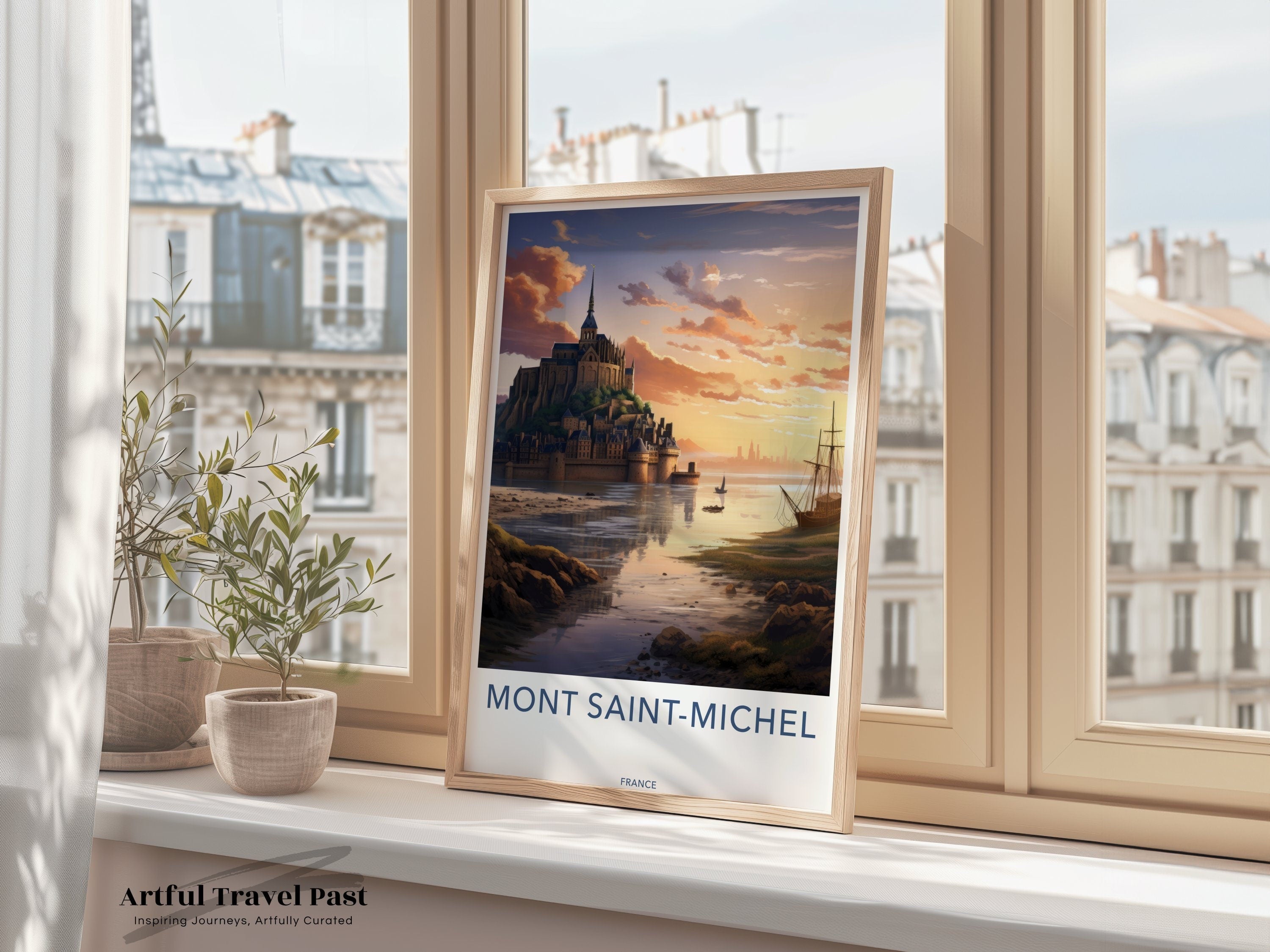 Mont Saint-Michel Castle Sunset, Historical Coastal French Landmark, Scenic Landscape Wall Art, Stunning Architecture Poster