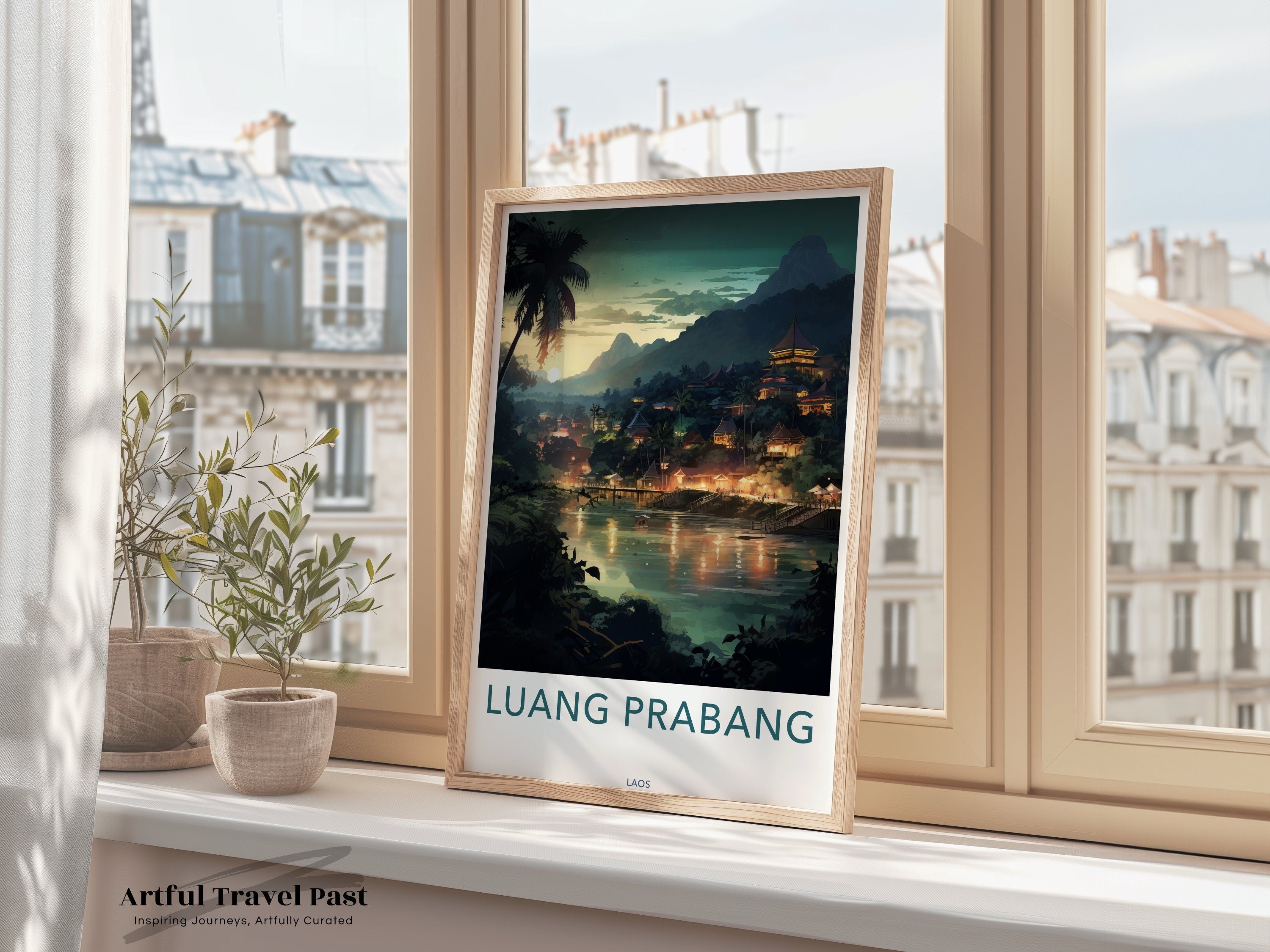 Luang Prabang Wall Art, Scenic Laos Landscape, Nighttime River View, Illuminated Temples, Cultural Heritage Decor