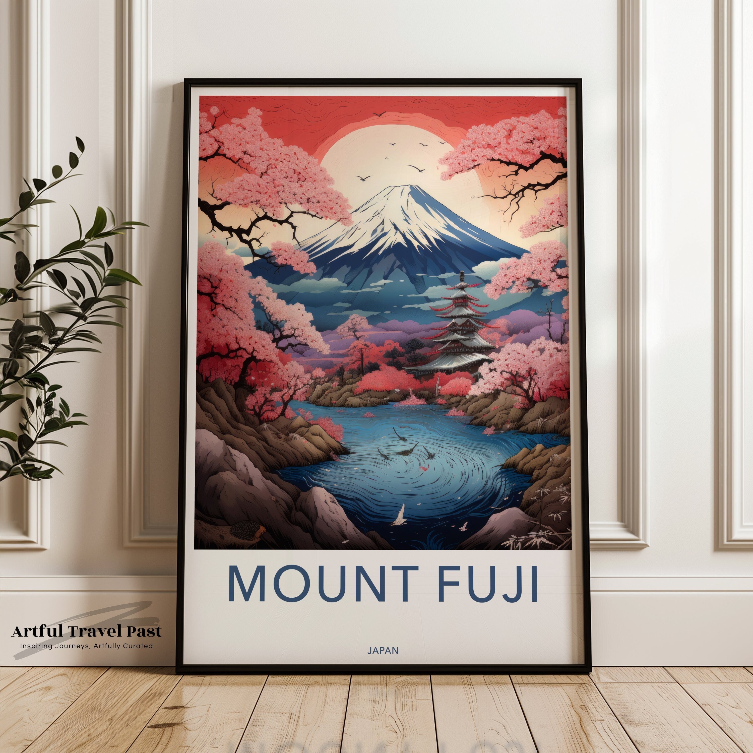 Mount Fuji Wall Art, Japanese Landscape Print, Cherry Blossoms Artwork, Traditional Asian Decor, Nature Scenery Poster