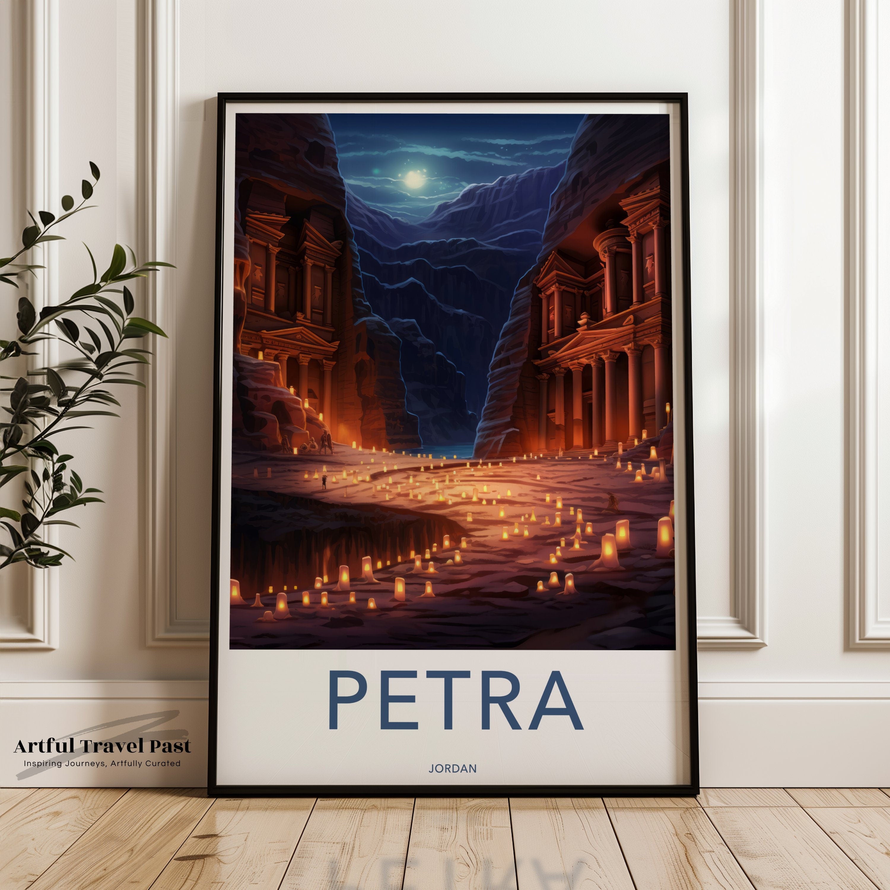 Petra Jordan Wall Art Print, Ancient City Illustration, Middle Eastern Historical Landmark, Candlelit Night Scene