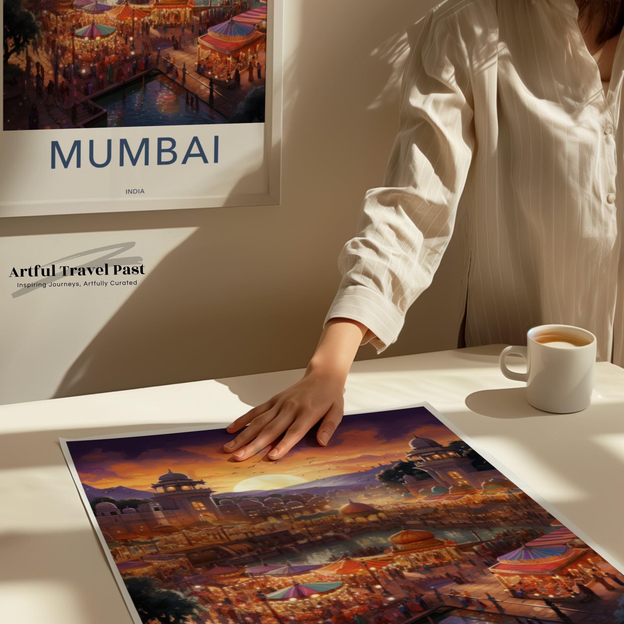 Vibrant Mumbai India Wall Art, Sunset Over Historical Architecture, Illuminated Market Scene, Colorful Festival, Cultural Landmarks