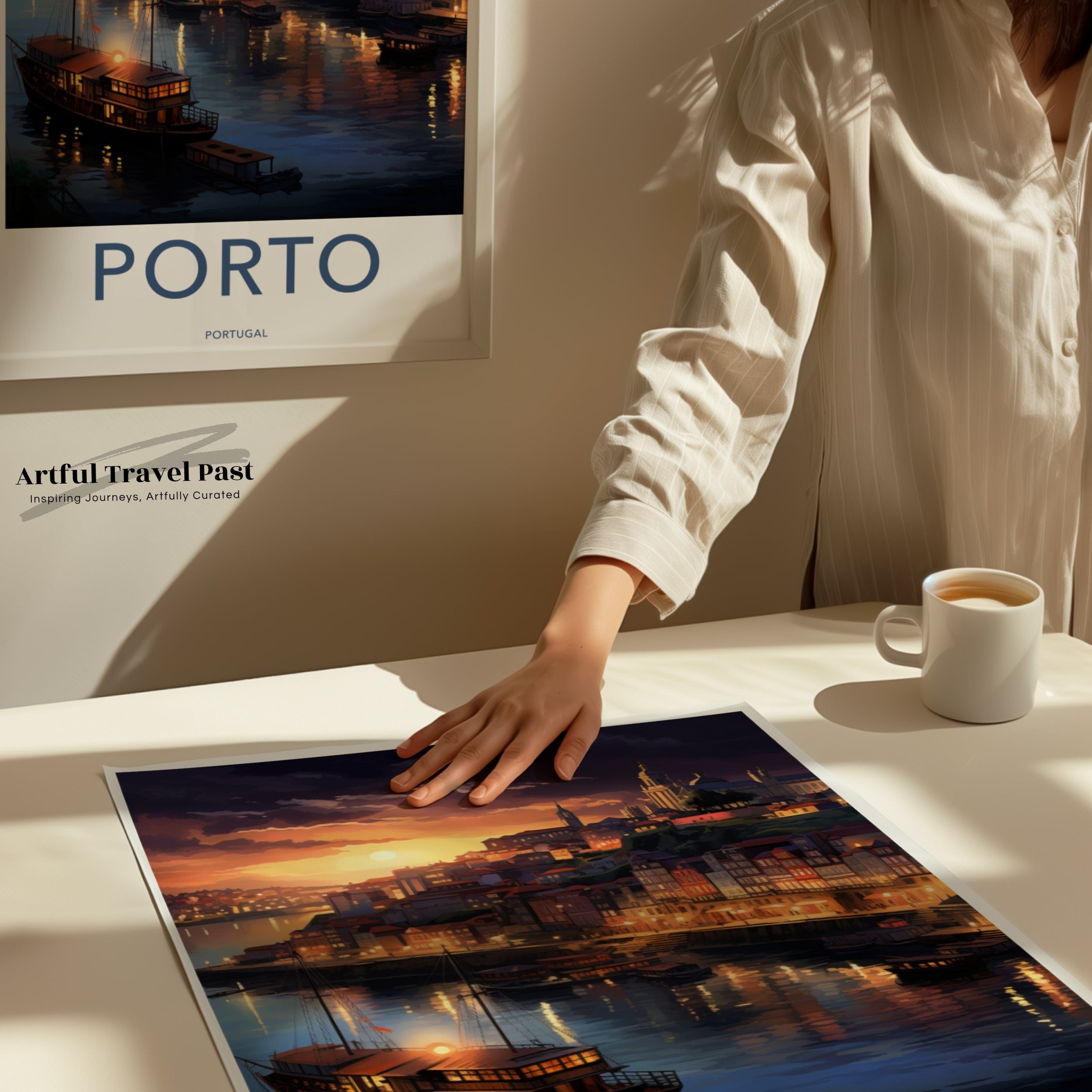 Porto Portugal Vintage Travel Poster, Porto Nightscape Wall Art, Stunning Porto River View, Porto Cityscape Illustration