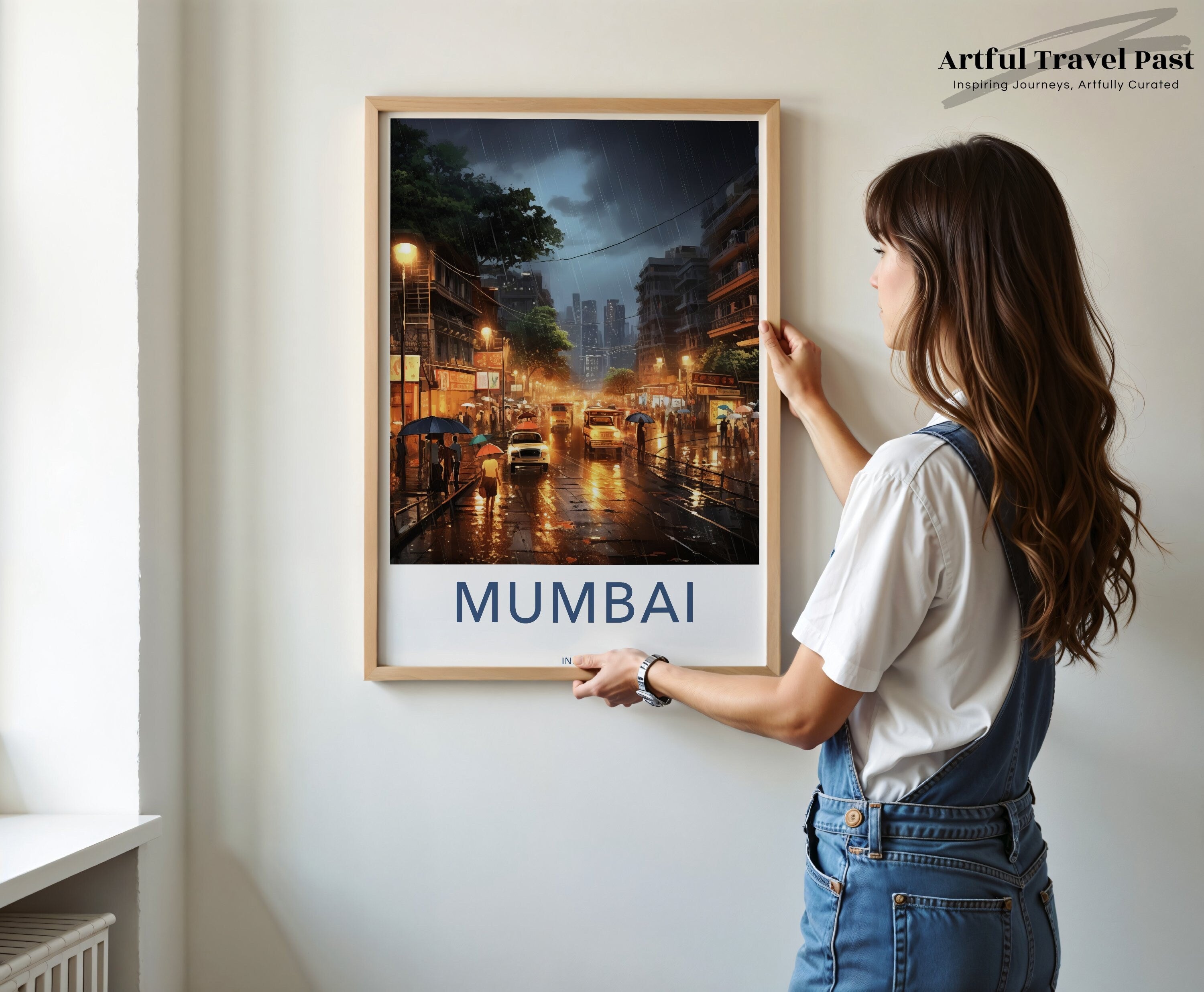 Mumbai Wall Art, Urban Street Scene, Modern Cityscape, Rainy Night Print, Indian Architecture, Vibrant City Life, Home Decor