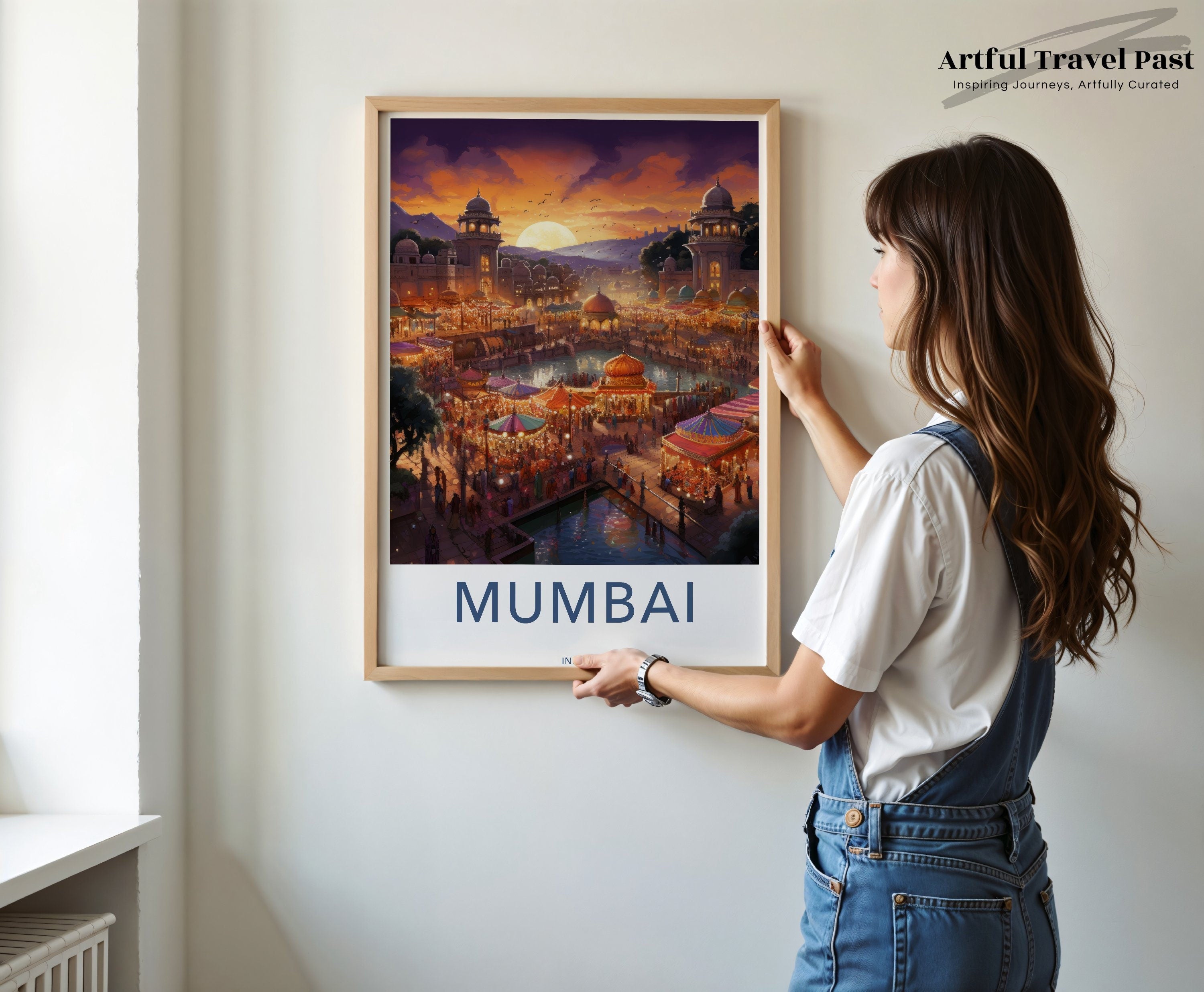 Vibrant Mumbai India Wall Art, Sunset Over Historical Architecture, Illuminated Market Scene, Colorful Festival, Cultural Landmarks