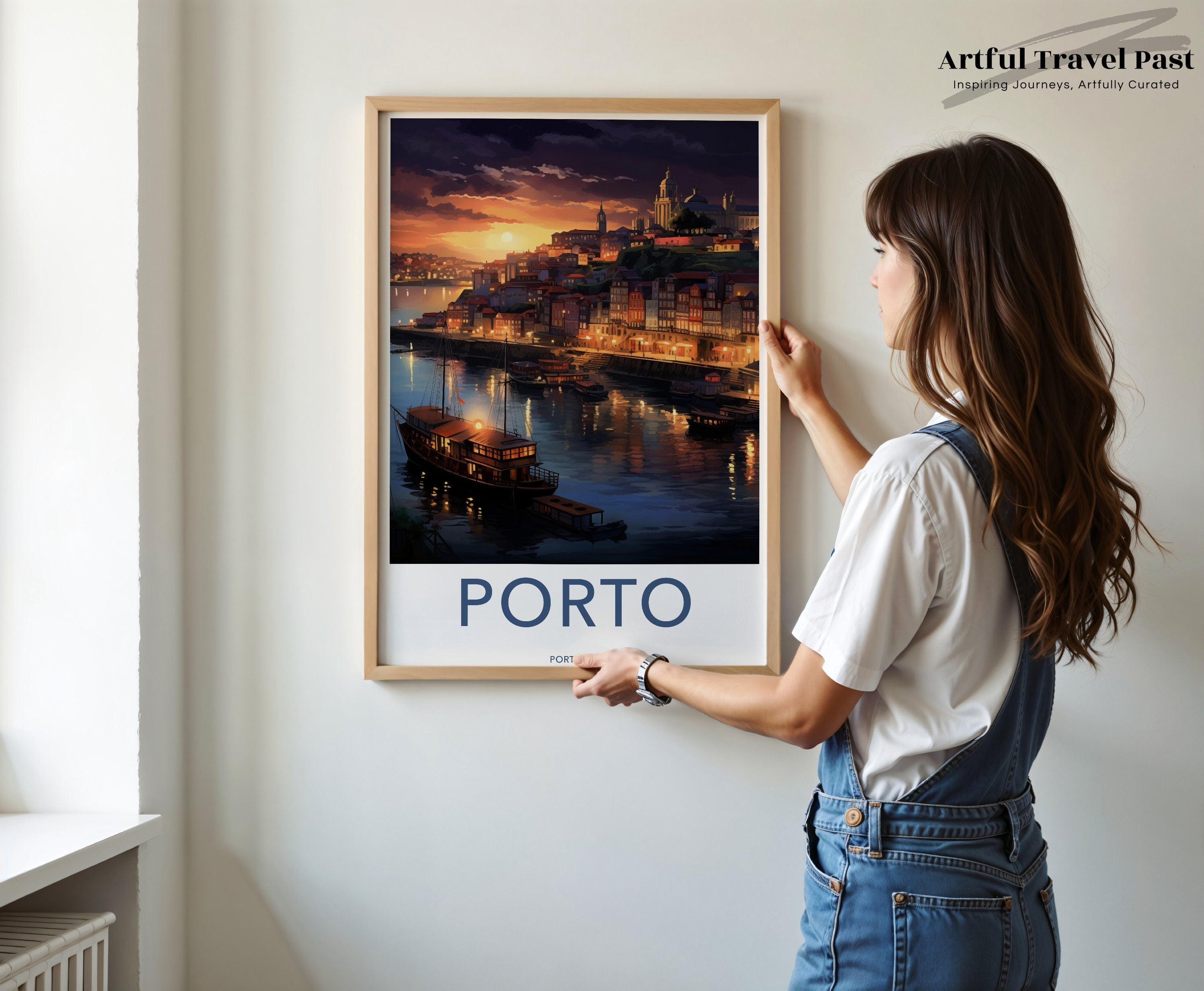 Porto Portugal Vintage Travel Poster, Porto Nightscape Wall Art, Stunning Porto River View, Porto Cityscape Illustration