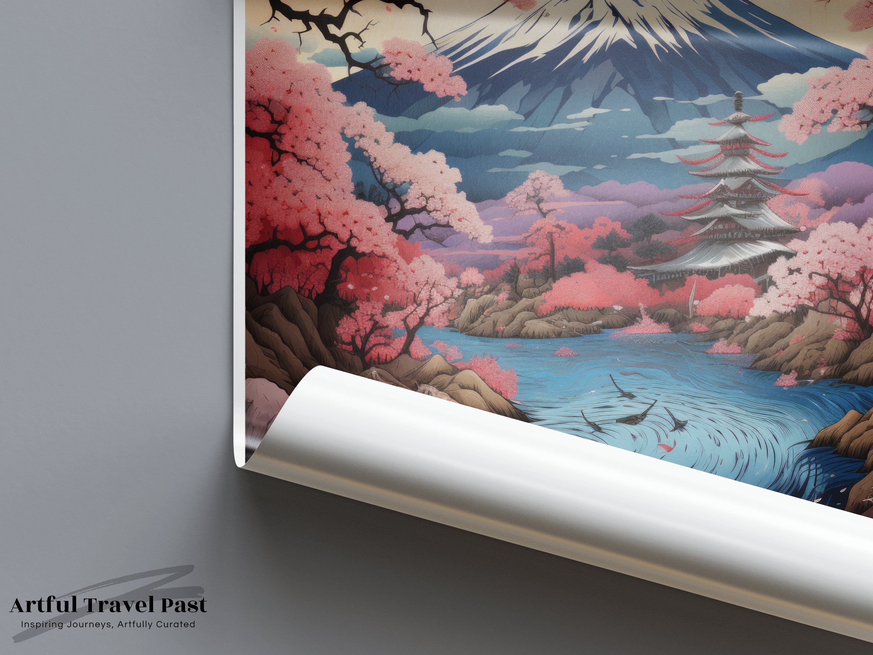 Mount Fuji Wall Art, Japanese Landscape Print, Cherry Blossoms Artwork, Traditional Asian Decor, Nature Scenery Poster