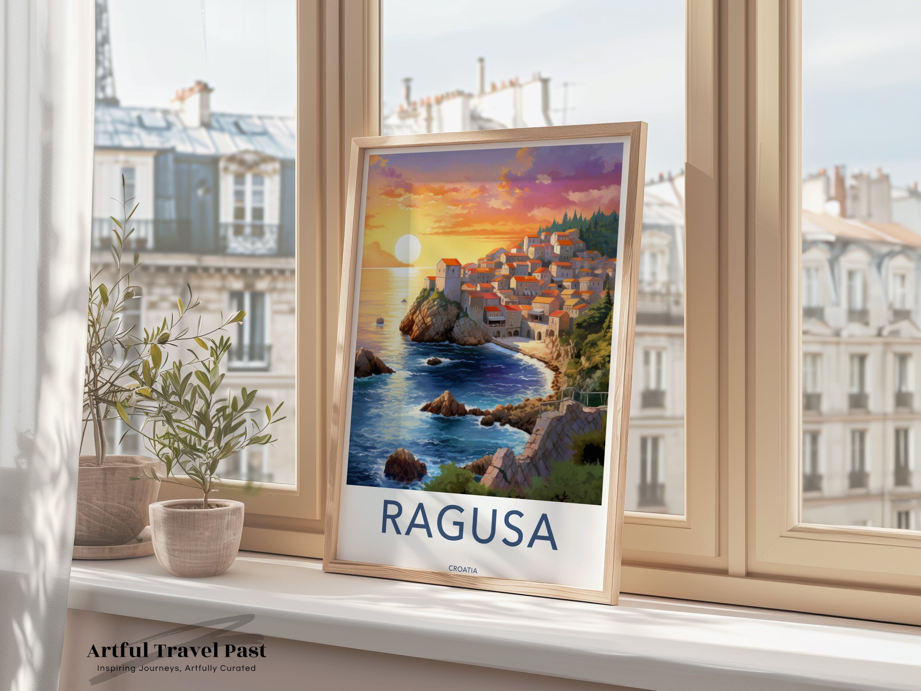 Ragusa Croatia Wall Art Print, Sunset Coastal Town Artwork, Mediterranean Seaside Landscape Poster, Croatian Heritage Décor