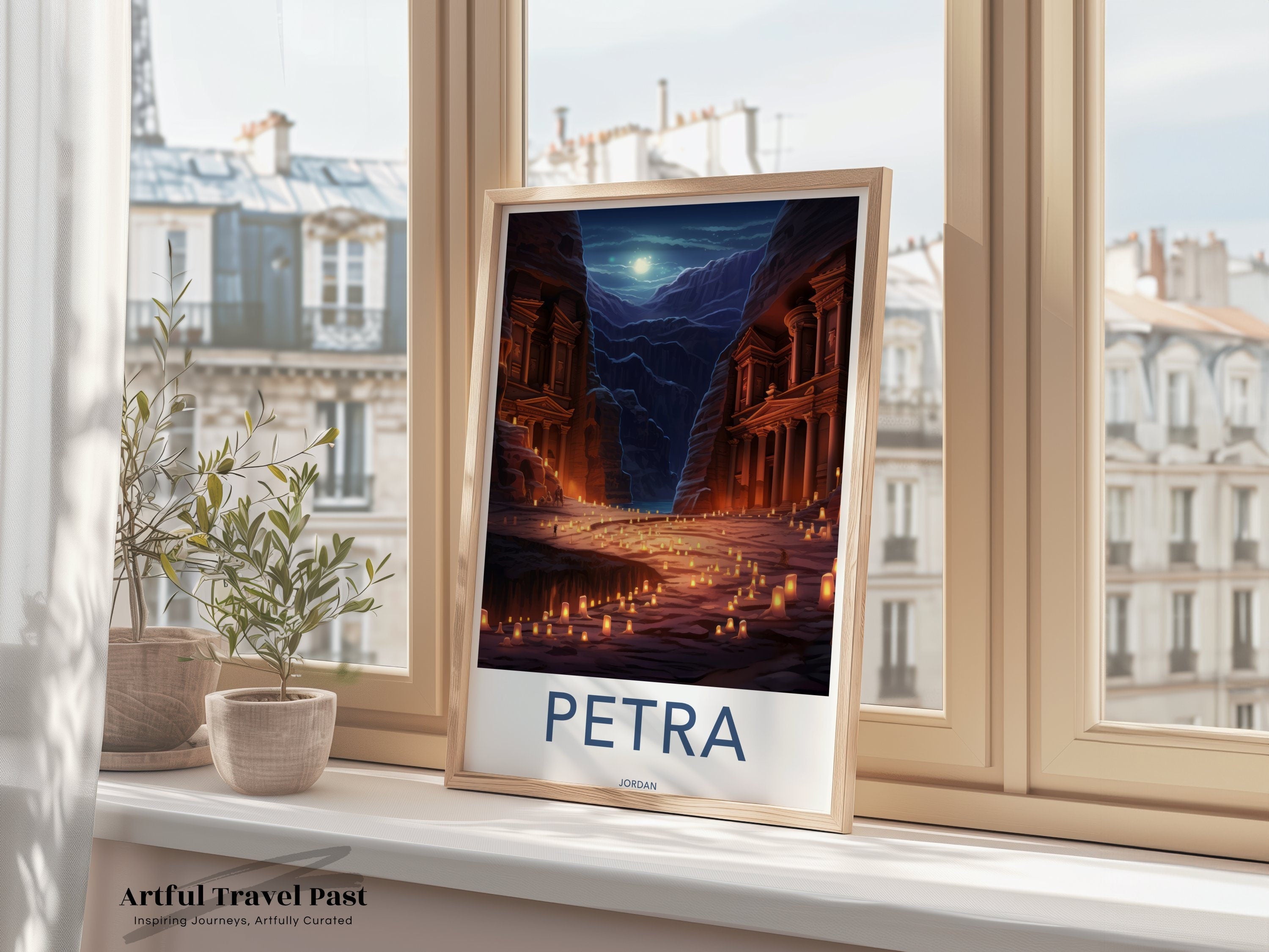 Petra Jordan Wall Art Print, Ancient City Illustration, Middle Eastern Historical Landmark, Candlelit Night Scene