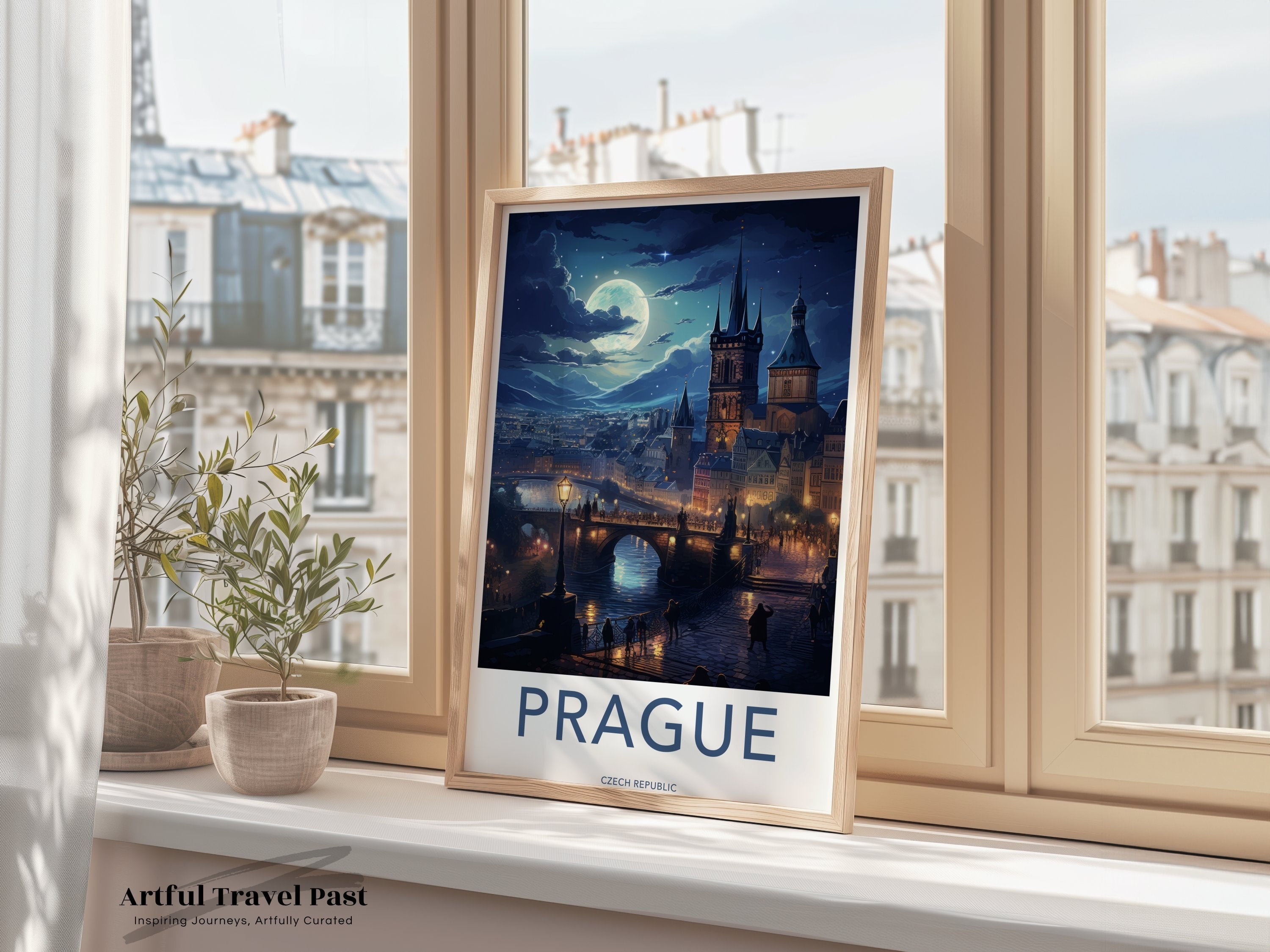 Prague Wall Art, Nighttime Cityscape Print, Art Deco Poster, Gothic Architecture, Home Decor, European Travel, Illuminated Skyline