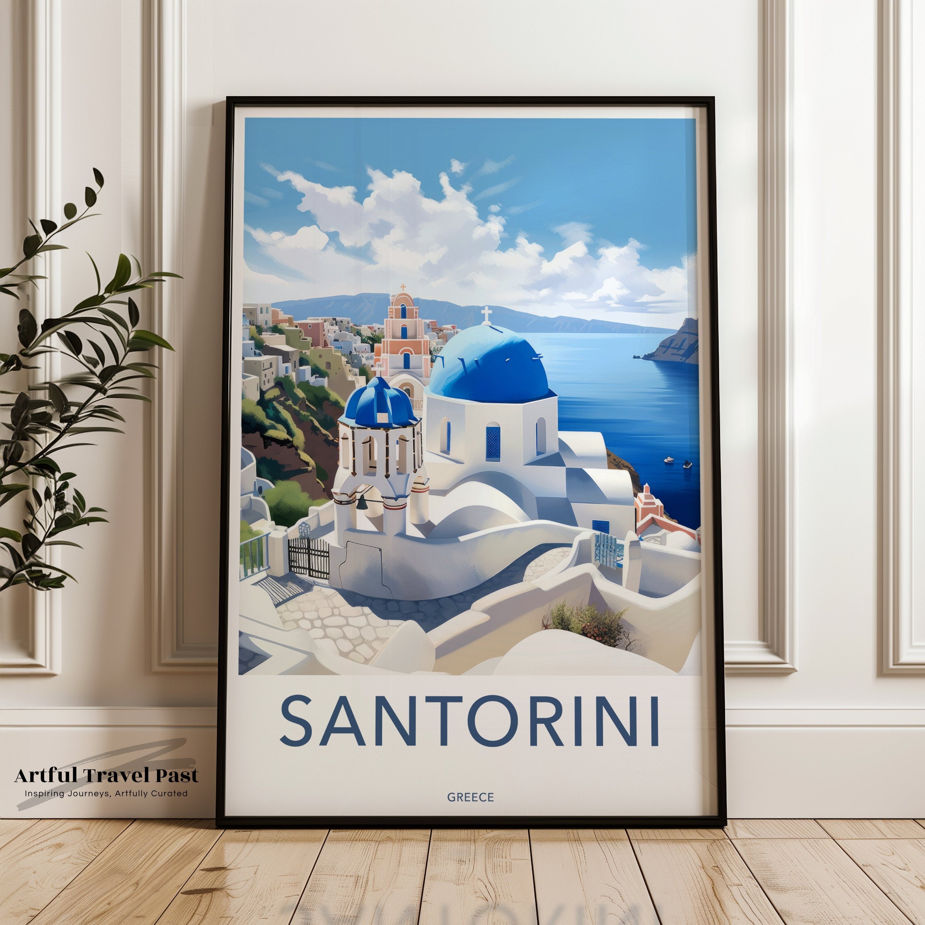 Santorini Greece Wall Art, Travel Poster, Greek Island Print, Mediterranean Decor, Coastal Art, Blue Dome Santorini Art, Home Decor