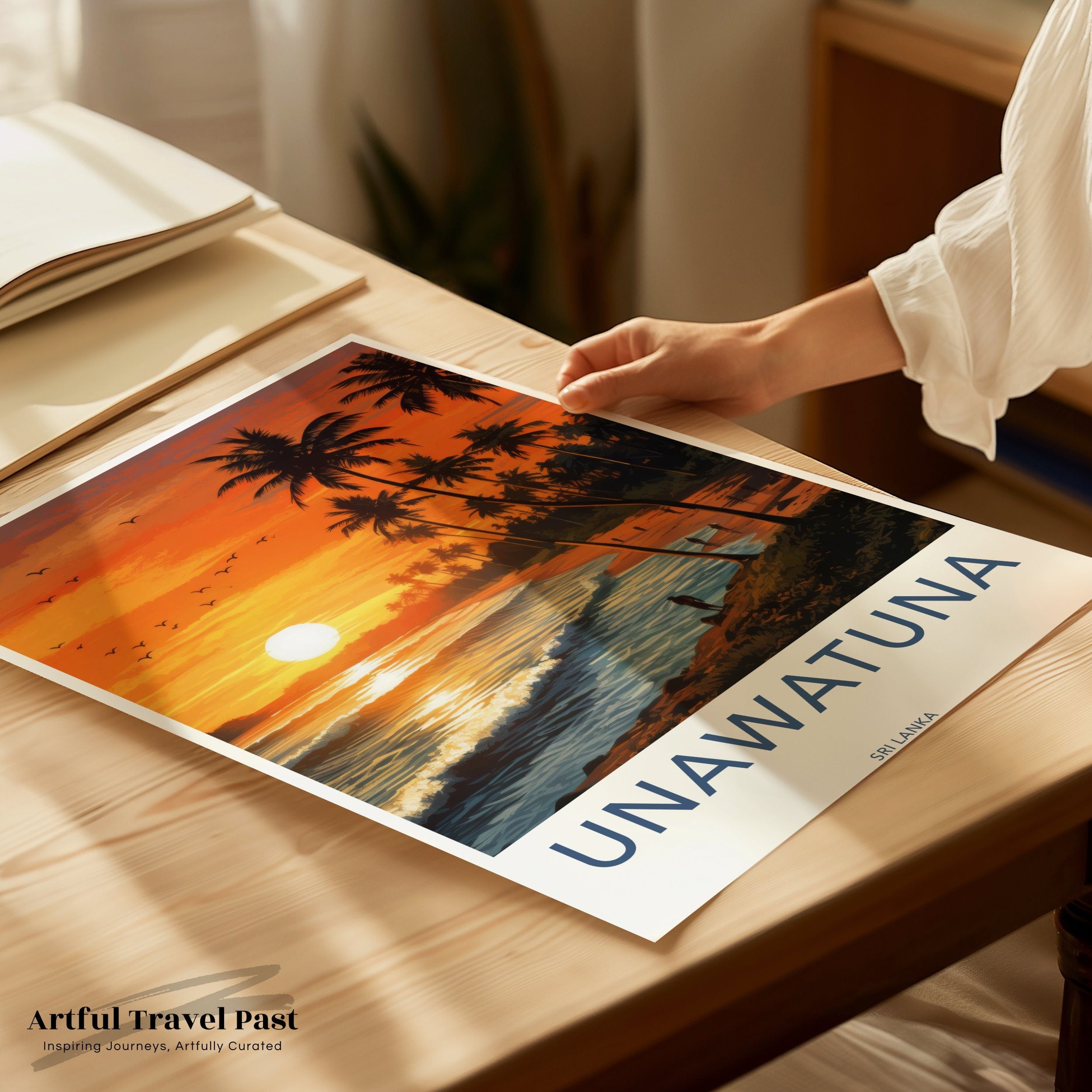 Unawatuna Beach Wall Art, Sri Lanka Coastal Sunset Print, Tropical Paradise Decor, Ocean View Poster, Sun and Palm Trees Artwork