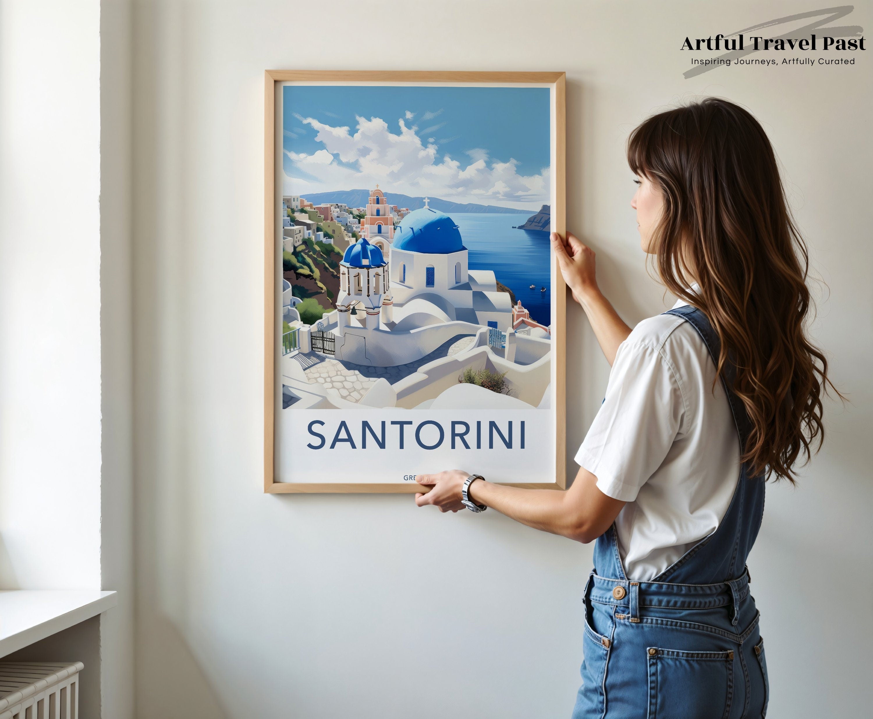 Santorini Greece Wall Art, Travel Poster, Greek Island Print, Mediterranean Decor, Coastal Art, Blue Dome Santorini Art, Home Decor