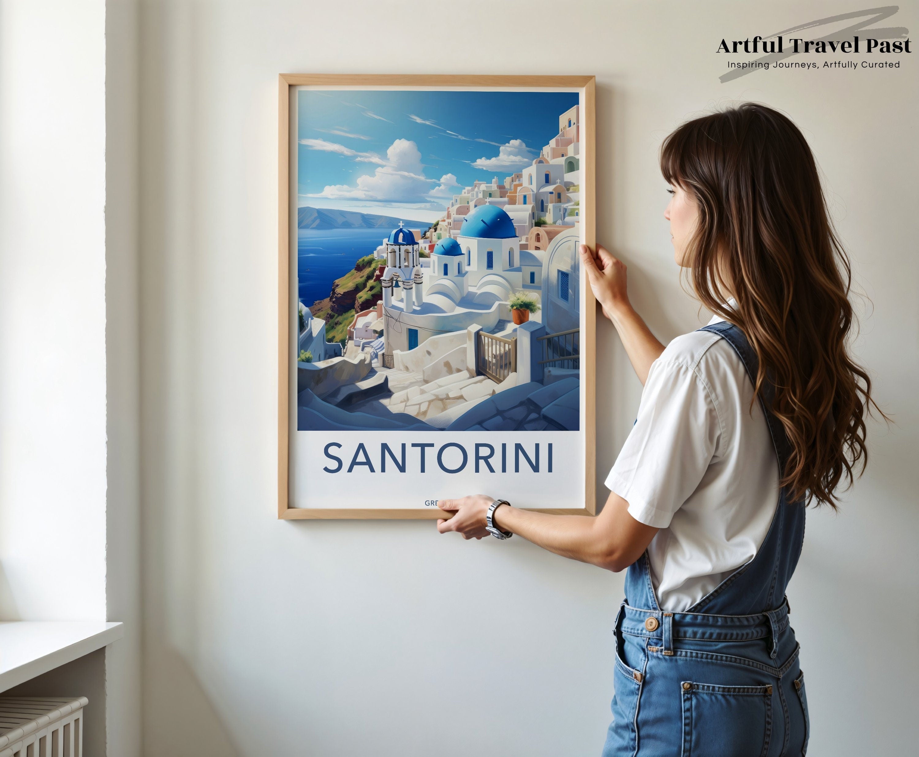 Santorini Greece Travel Poster, Modern Wall Art, Scenic Greek Island Print, Blue Dome Architecture, Coastal Decor, Vacation Souvenir