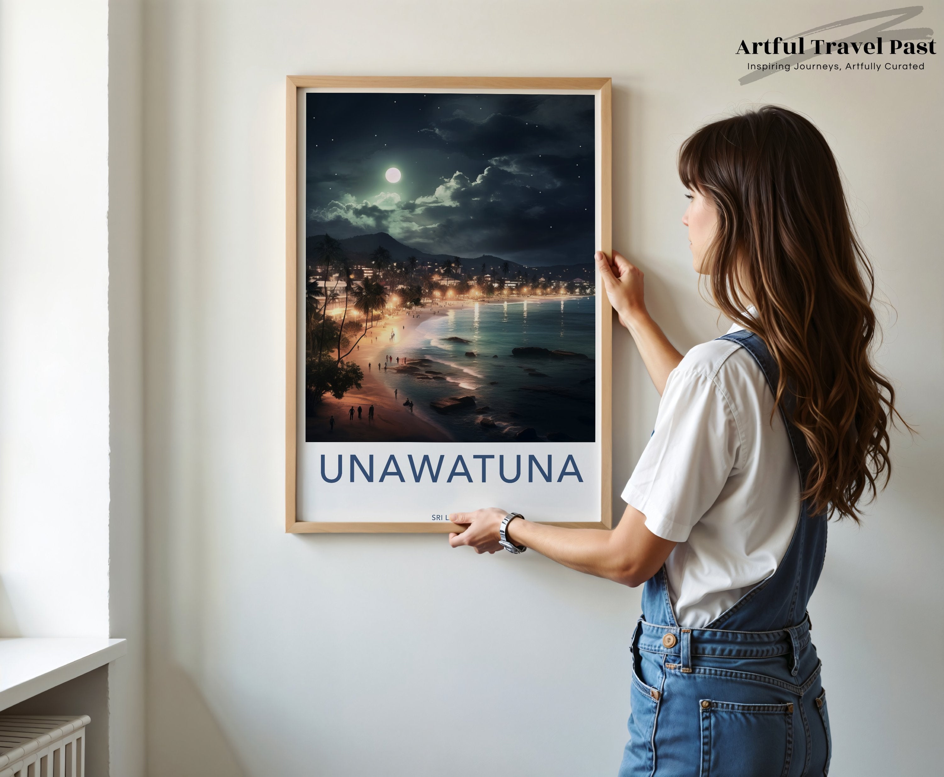 Unawatuna Beach Night Scene Wall Art, Moonlit Coastal Print, Scenic Beach Landscape Art, Tropical Seaside View, Art Decor