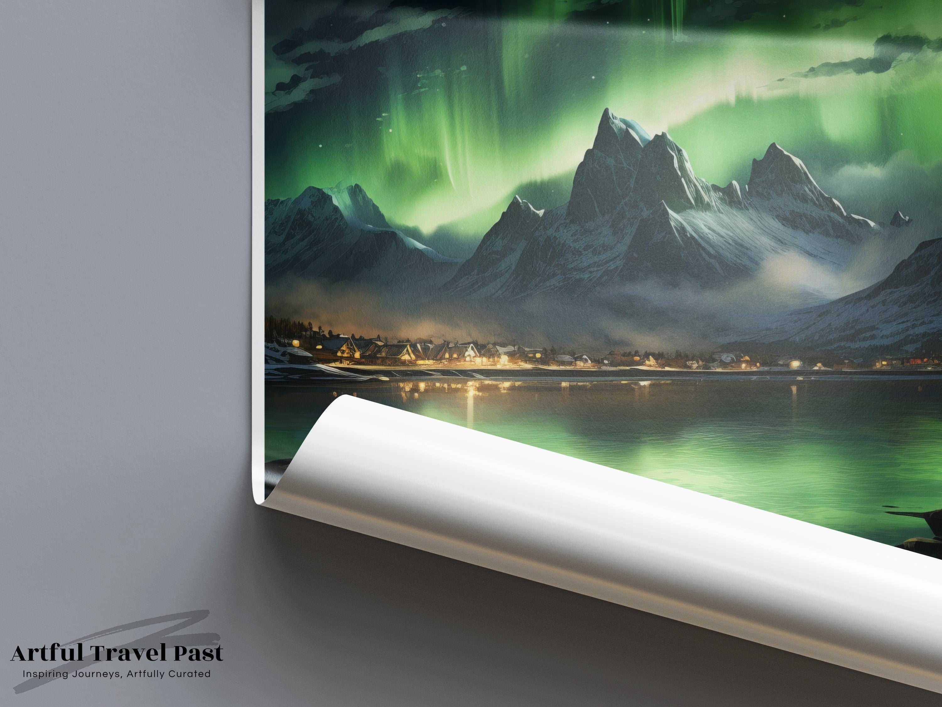 Sognefjord Norway Northern Lights Wall Art, Scandinavian Landscape Poster, Aurora Borealis Art Print, Mountain Lake Decor