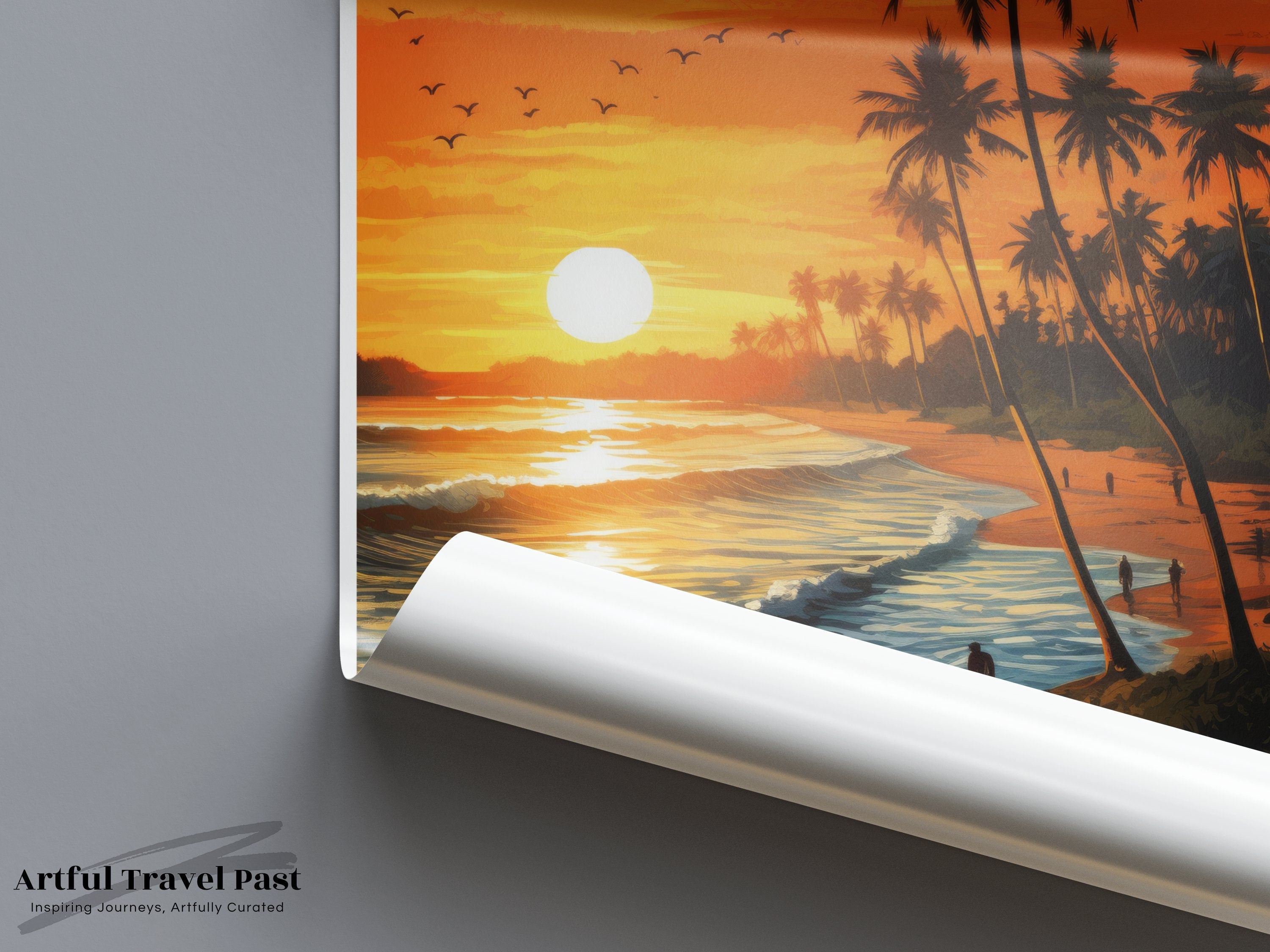 Unawatuna Beach Wall Art, Sri Lanka Coastal Sunset Print, Tropical Paradise Decor, Ocean View Poster, Sun and Palm Trees Artwork