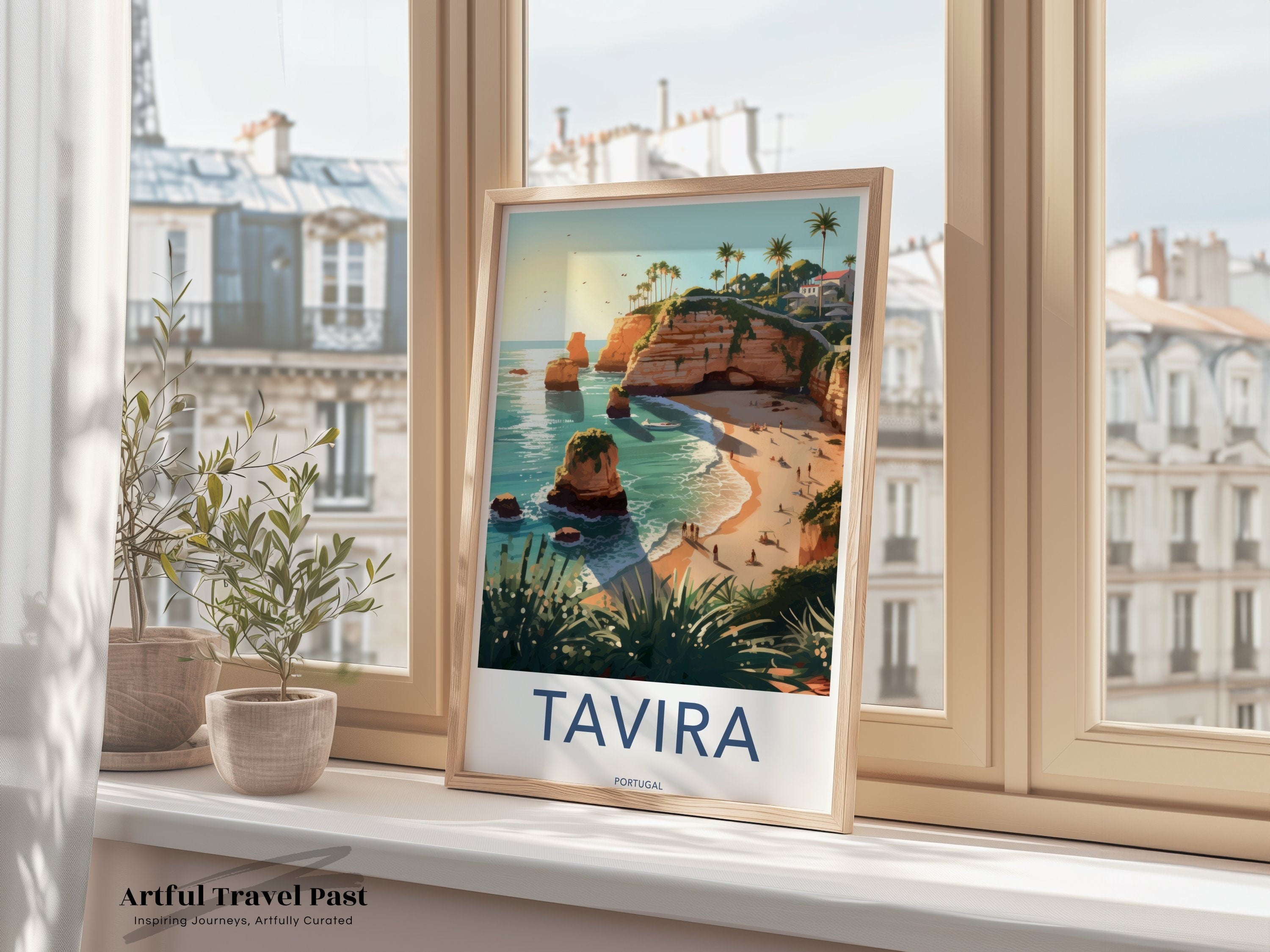 Tavira Wall Art, Portugal Coastal Print, Beach Landscape Art, Algarve Travel Poster, Scenic Ocean View, Vibrant Sunset Illustration