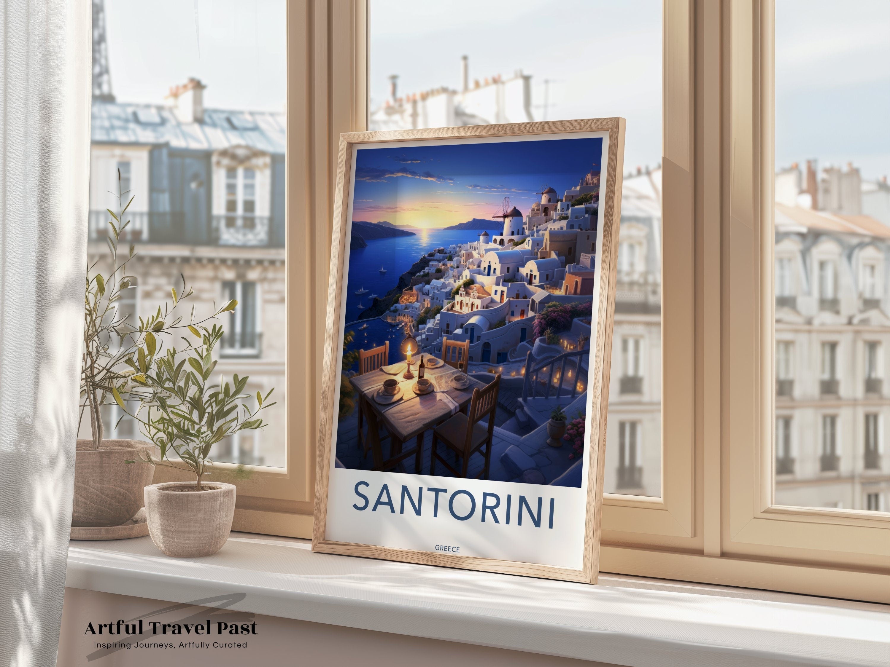 Santorini Sunset Wall Art, Greek Island Landscape, Romantic Greece Decor, Blue and White Houses, Mediterranean Sea View