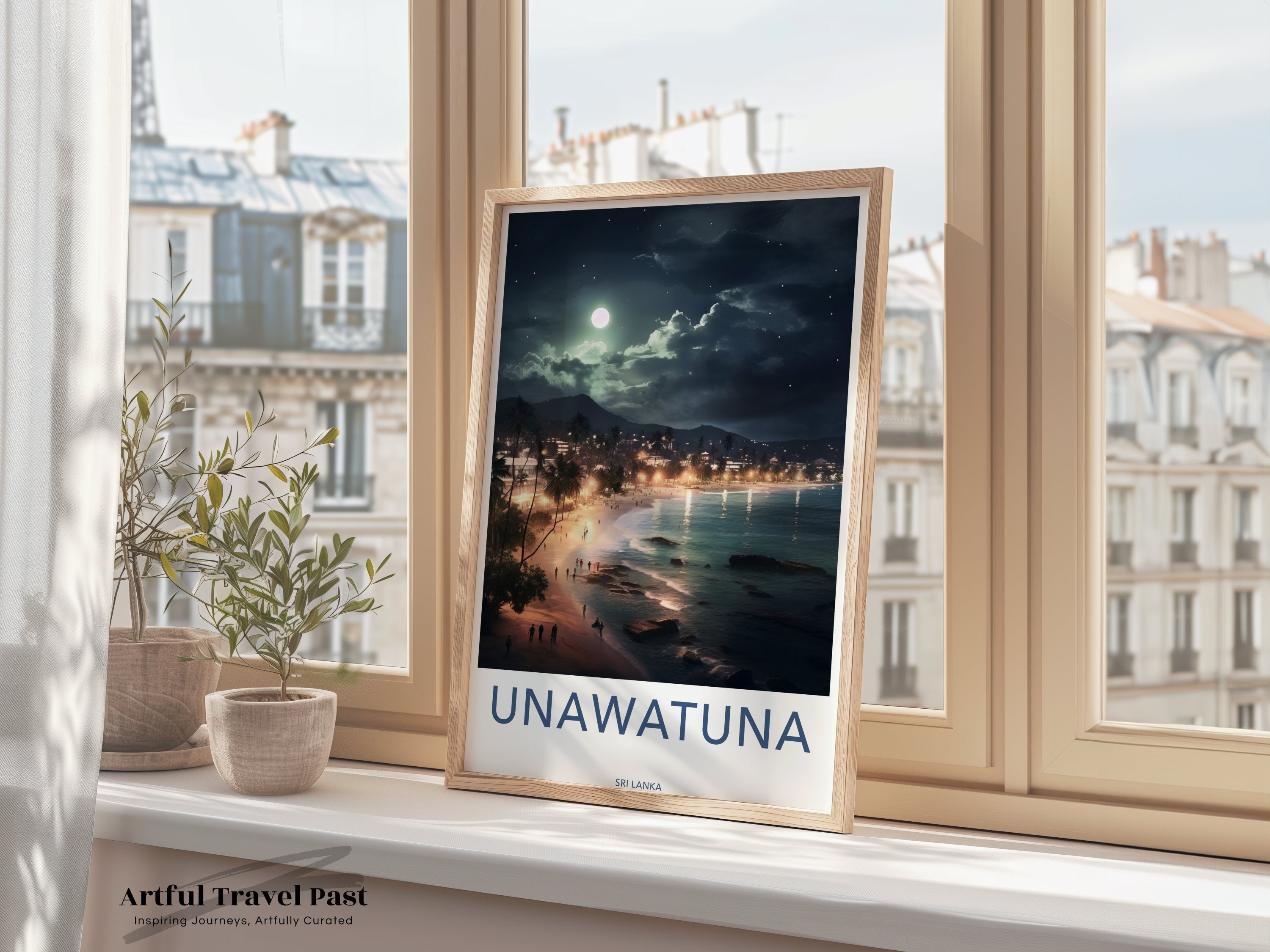 Unawatuna Beach Night Scene Wall Art, Moonlit Coastal Print, Scenic Beach Landscape Art, Tropical Seaside View, Art Decor