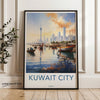 Kuwait City Waterfront Skyline, Traditional Boats Artwork, Iconic Landmarks Illustration, Vibrant Urban Scene Wall Print Decor