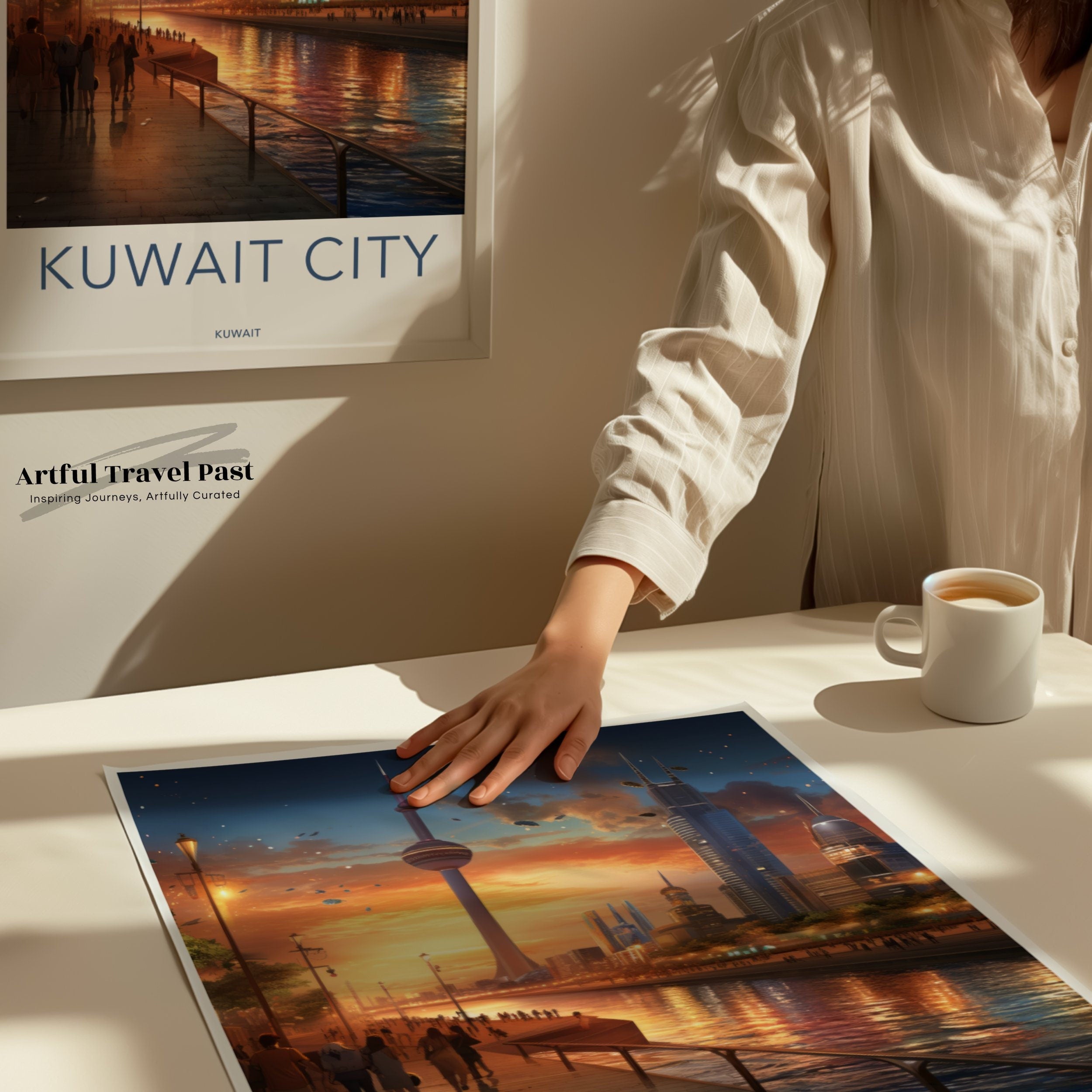 Kuwait City skyline wall art, Modern cityscape poster, Middle Eastern architecture decor, Urban night scene print, Sunset artwork