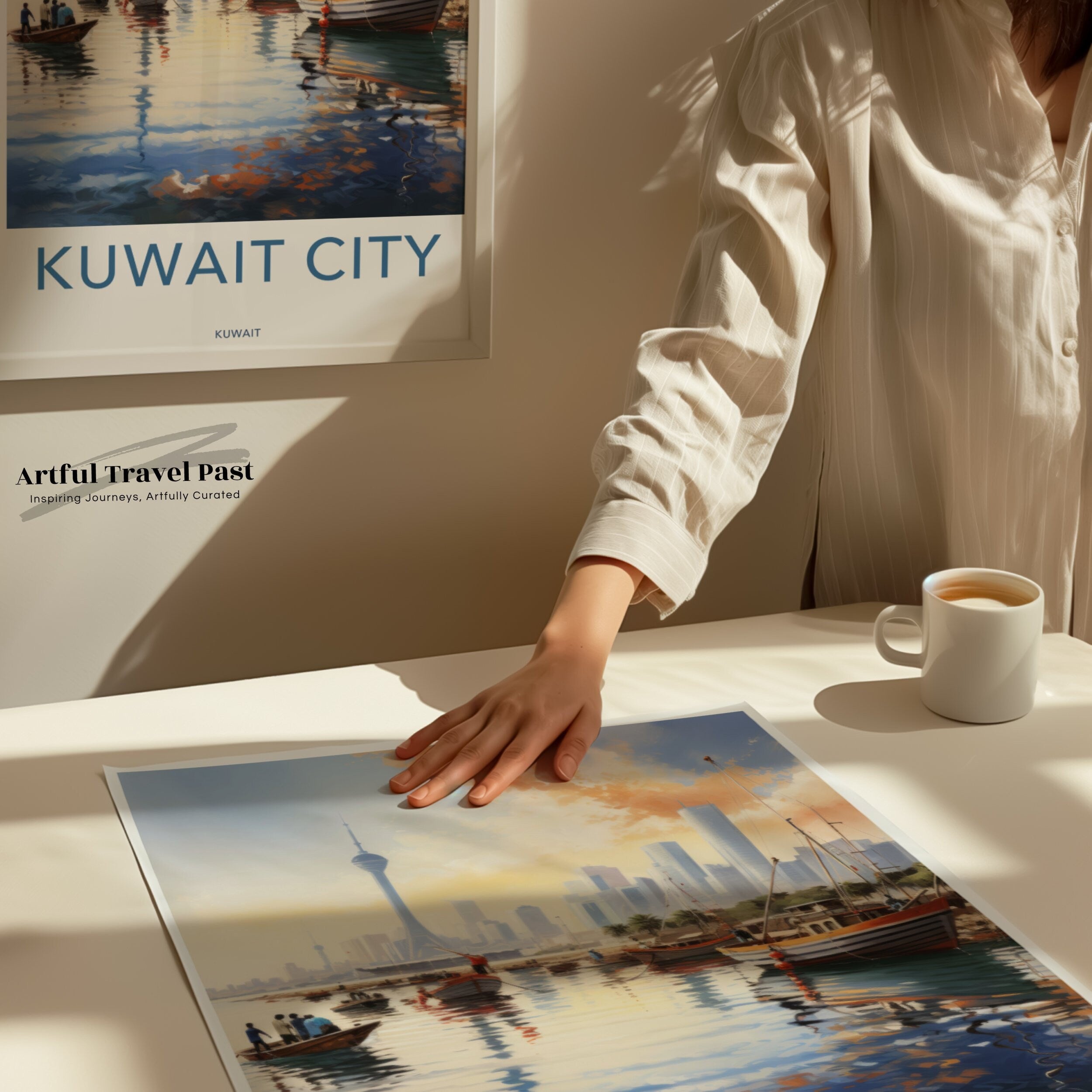 Kuwait City Waterfront Skyline, Traditional Boats Artwork, Iconic Landmarks Illustration, Vibrant Urban Scene Wall Print Decor