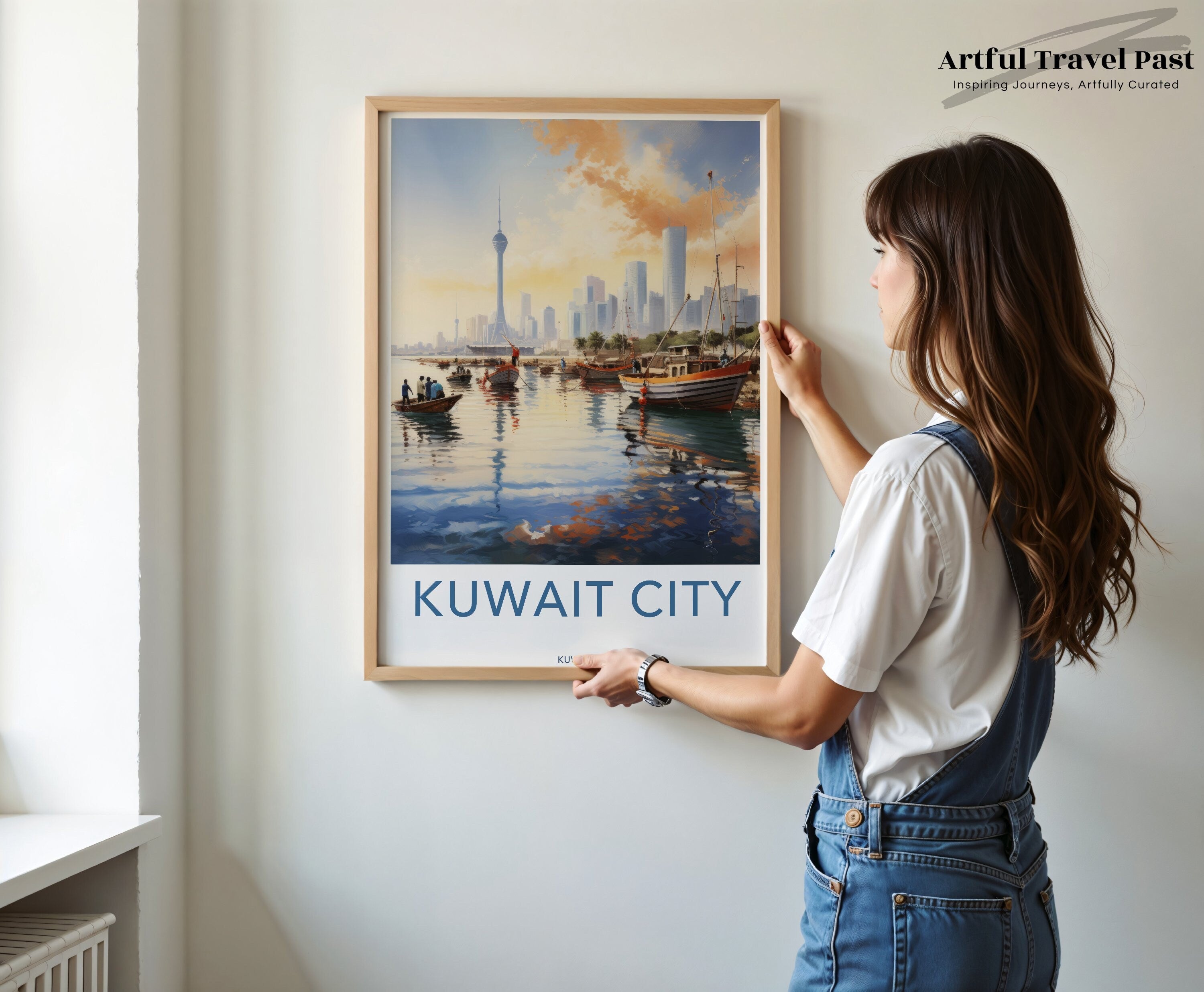 Kuwait City Waterfront Skyline, Traditional Boats Artwork, Iconic Landmarks Illustration, Vibrant Urban Scene Wall Print Decor