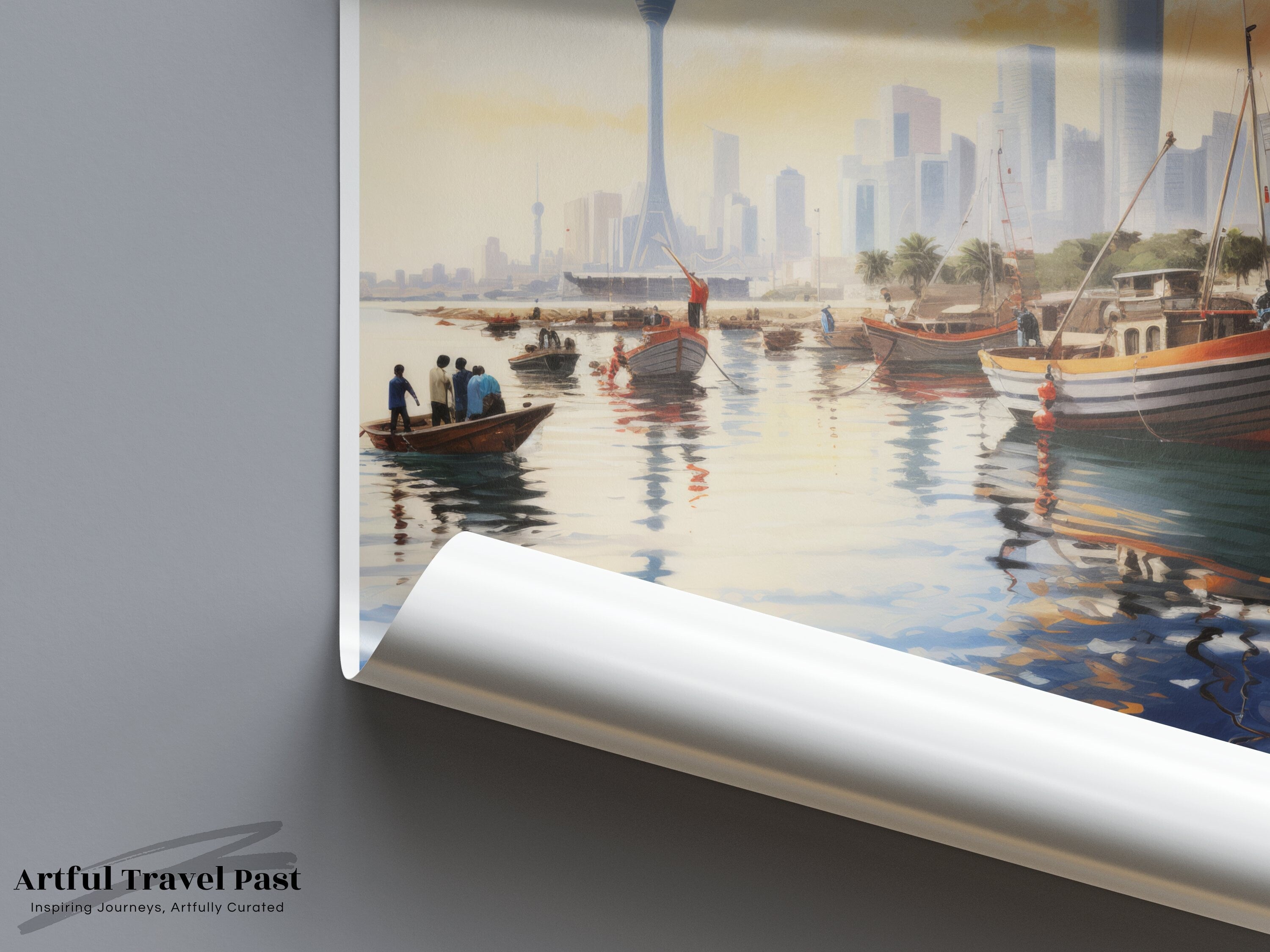 Kuwait City Waterfront Skyline, Traditional Boats Artwork, Iconic Landmarks Illustration, Vibrant Urban Scene Wall Print Decor