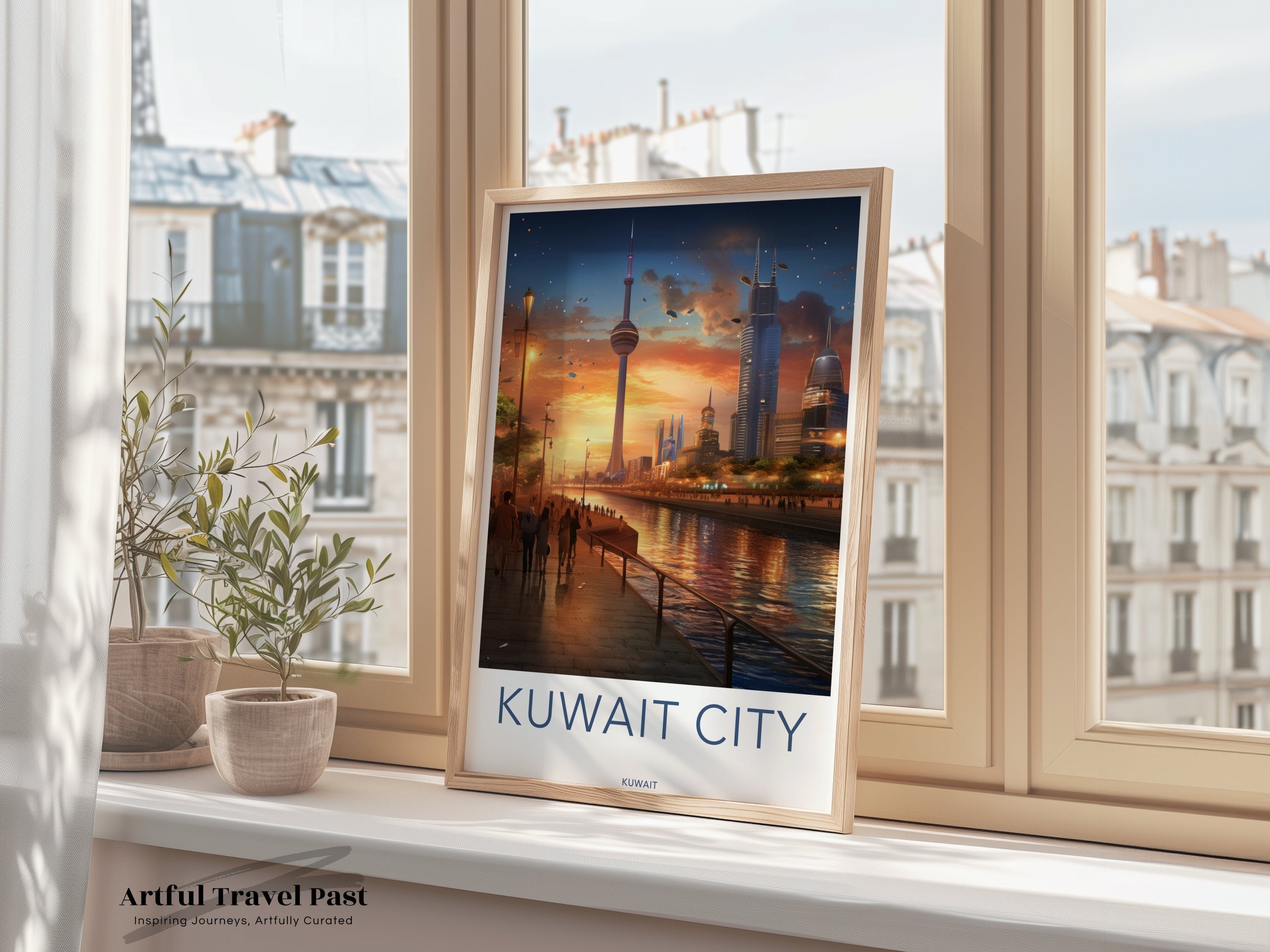 Kuwait City skyline wall art, Modern cityscape poster, Middle Eastern architecture decor, Urban night scene print, Sunset artwork