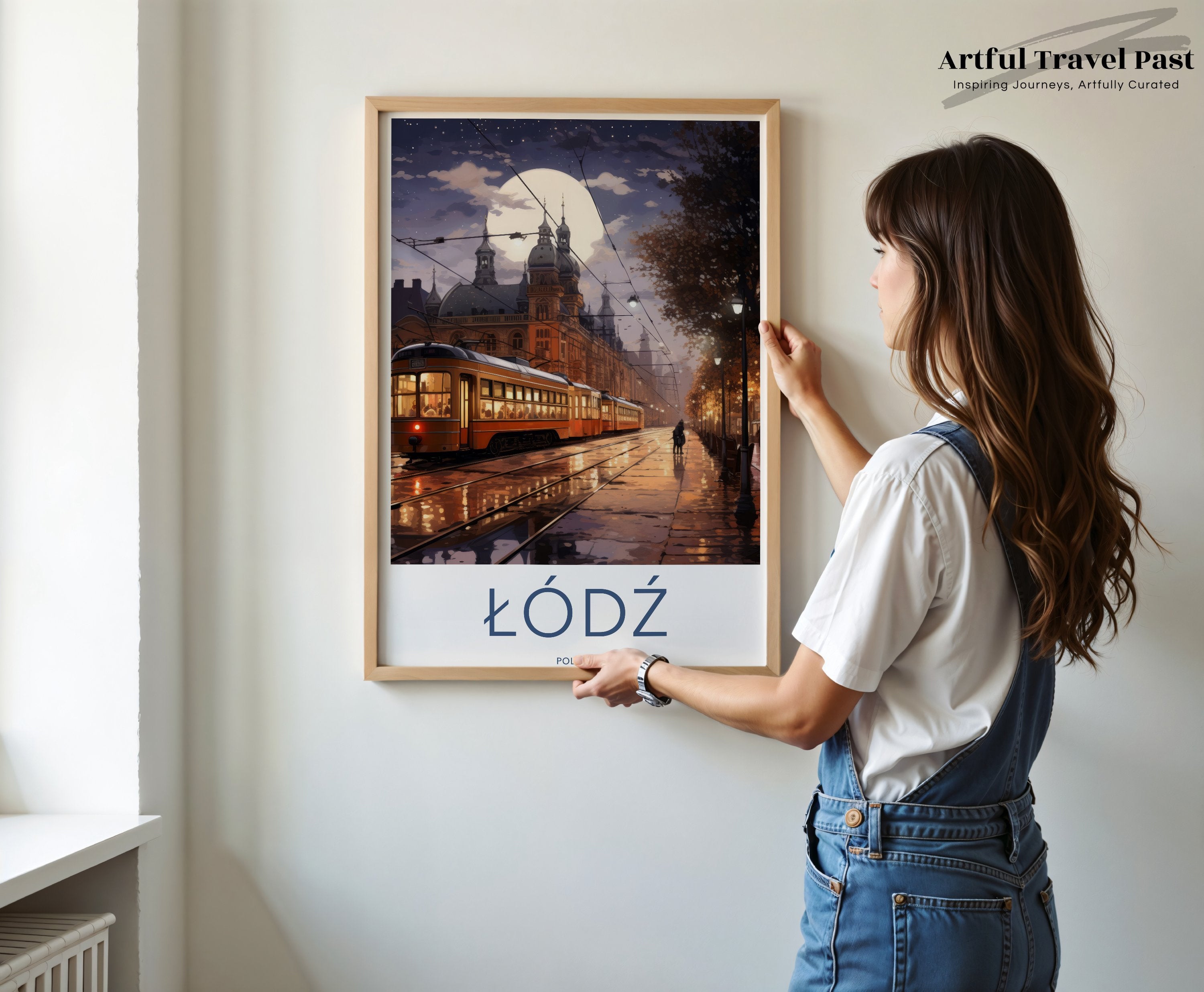 Lodz Poland Wall Art Print, Historical Cityscape Art, Night Scene with Trams, Architectural Wonders Poster, European Urban Decor