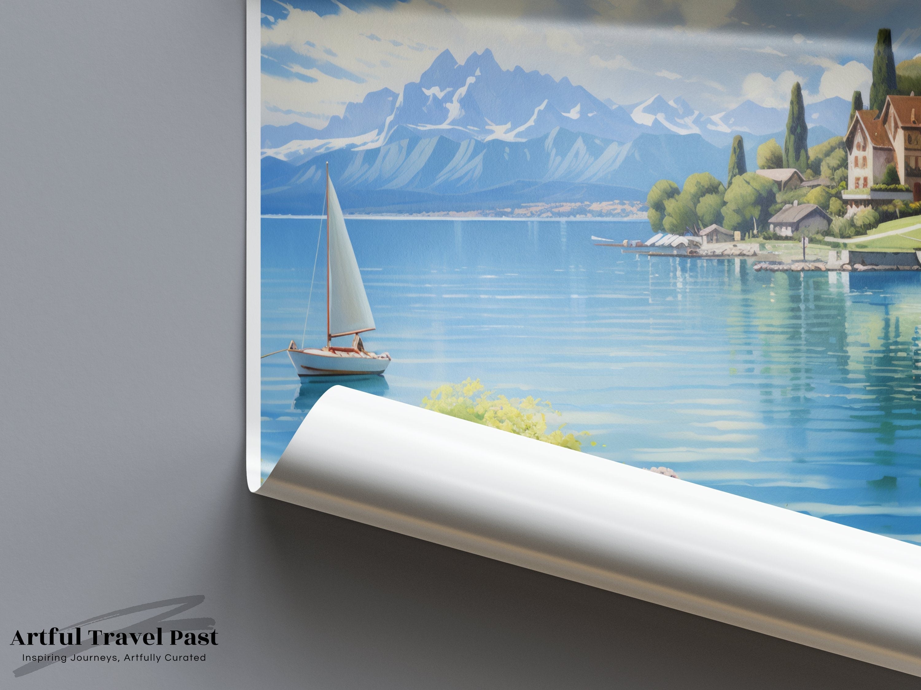 Lake Geneva Poster, Wall Art, Scenic Print, Home Decor, Landscape Artwork, Travel Art, Switzerland, Nature Illustration, Lake Geneva