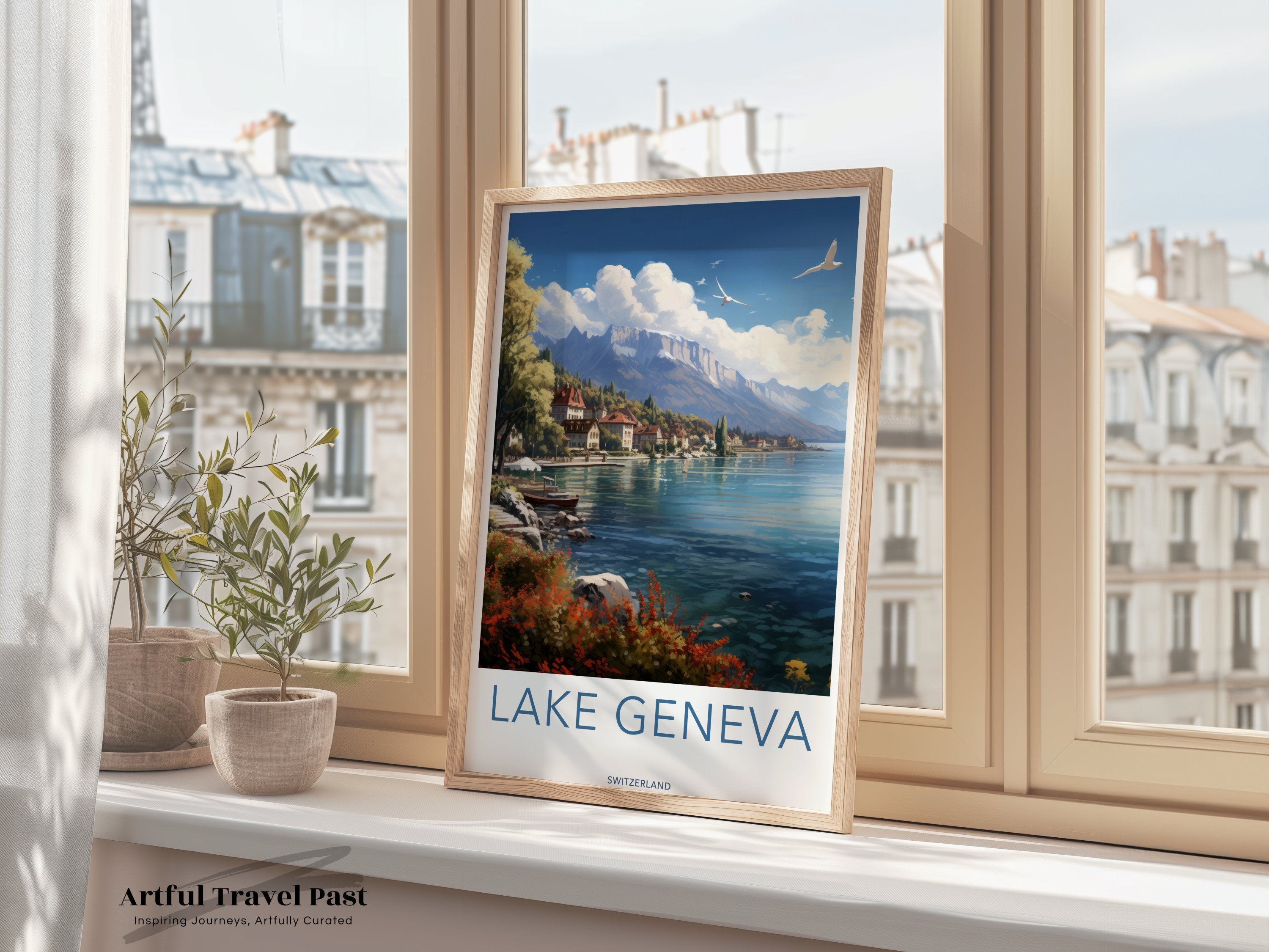 Lake Geneva Switzerland Poster, Swiss Landscape Wall Art, Scenic Mountain Lake Print, Swiss Alps Artwork, Travel Art Decor