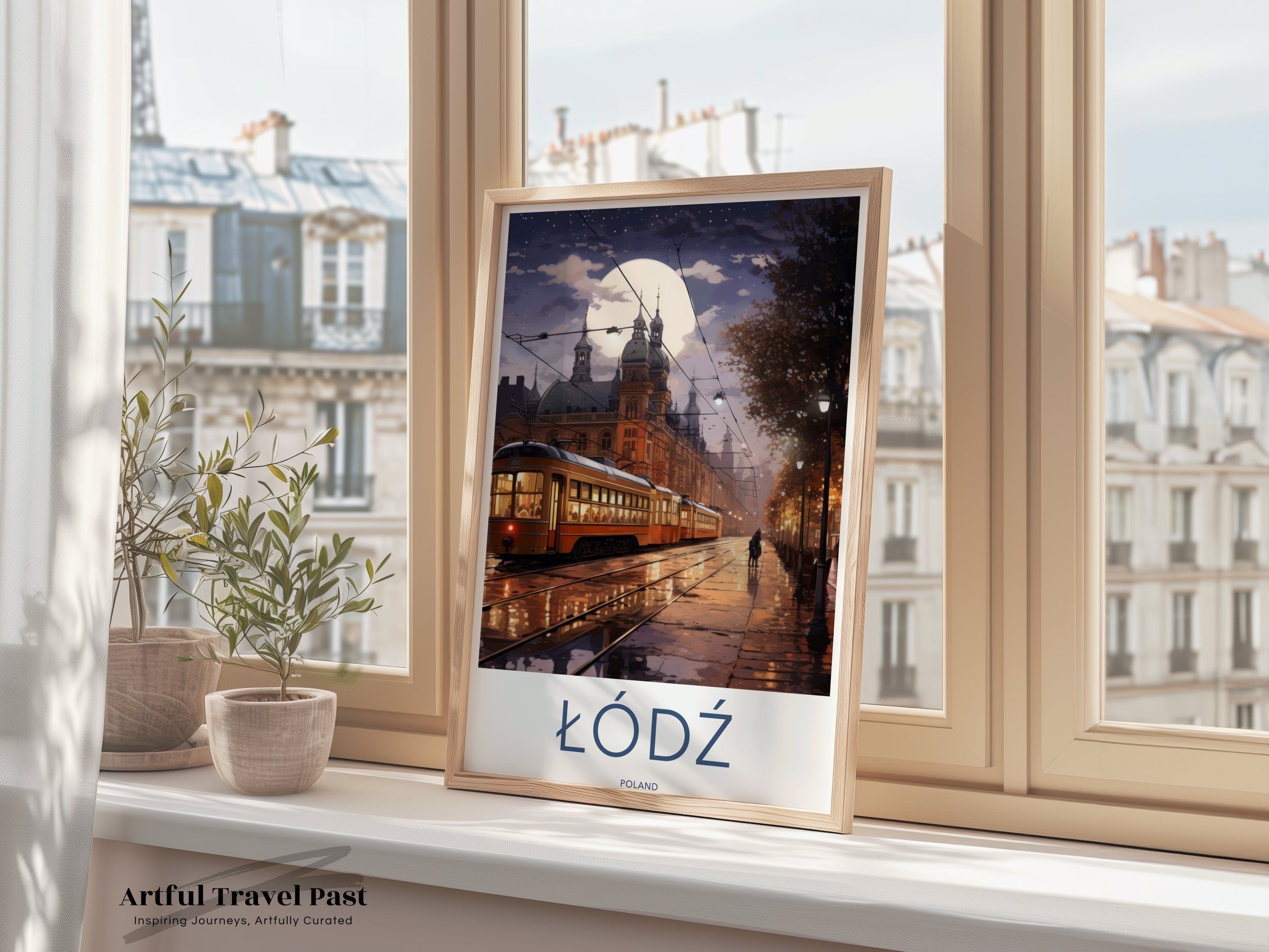 Lodz Poland Wall Art Print, Historical Cityscape Art, Night Scene with Trams, Architectural Wonders Poster, European Urban Decor