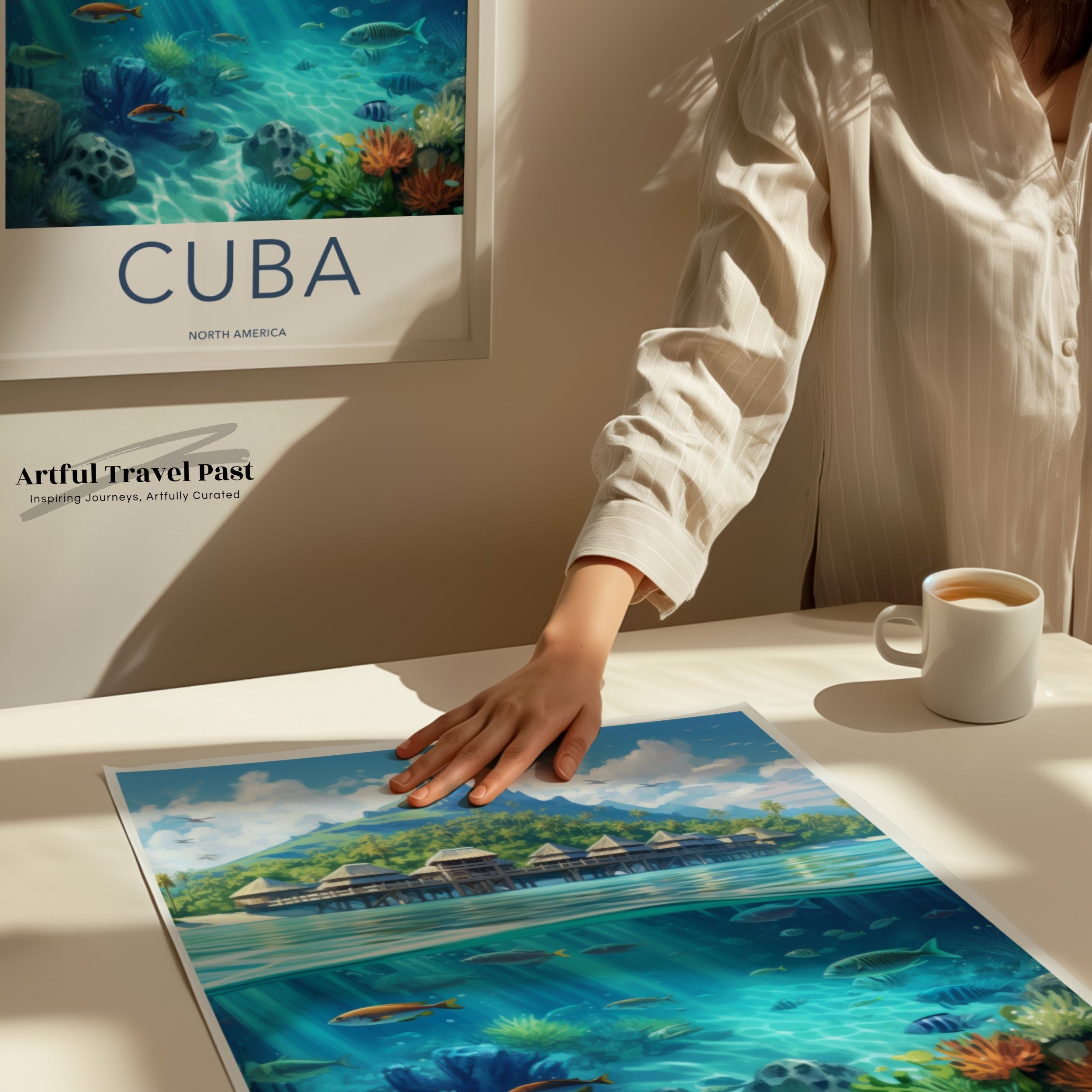 Cuba Wall Art, Vibrant Coastal Scenery Print, Tropical Ocean Decor, Island Paradise Poster, Underwater Marine Life Illustration